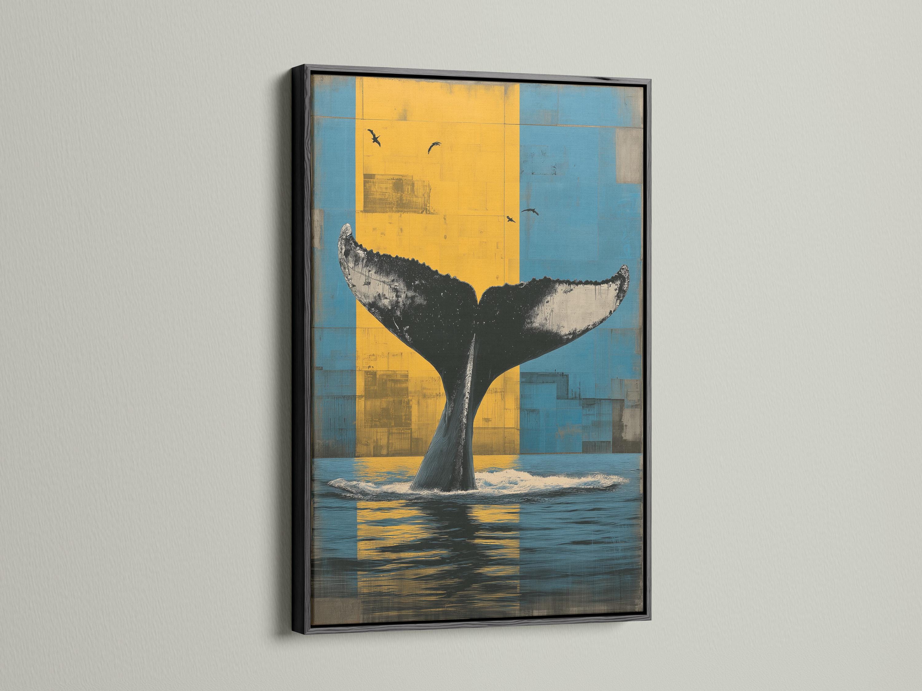 Room mockup showing framed whale tail ocean artwork above a sofa by windows