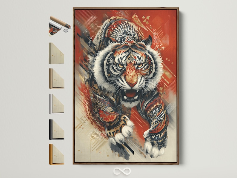 Stylised roaring tiger portrait with red background, dark stripes, white fur highlights and gold speckles