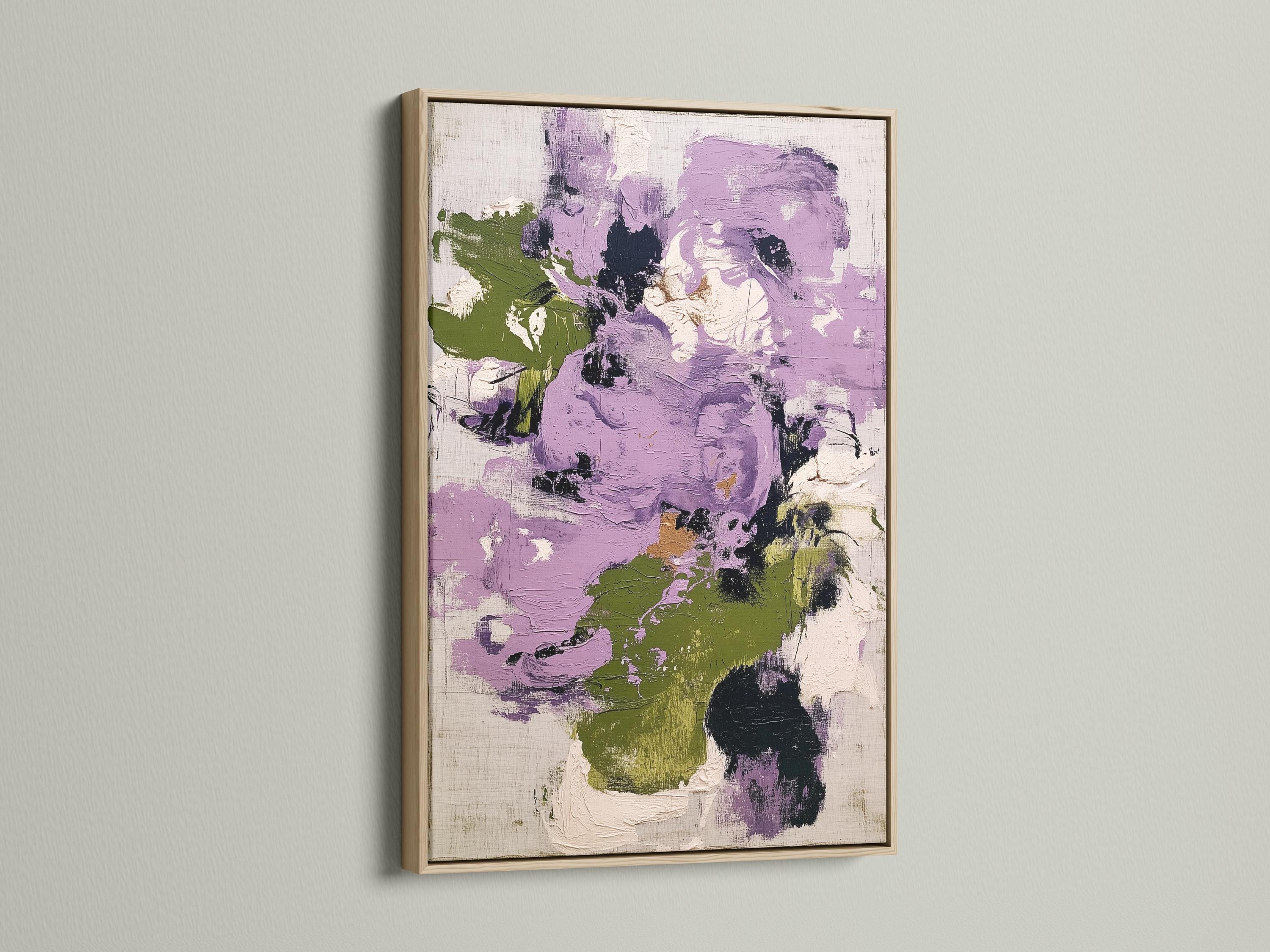 Abstract floral artwork with lilac and purple shapes, muted green accents and textured brush marks detail view
