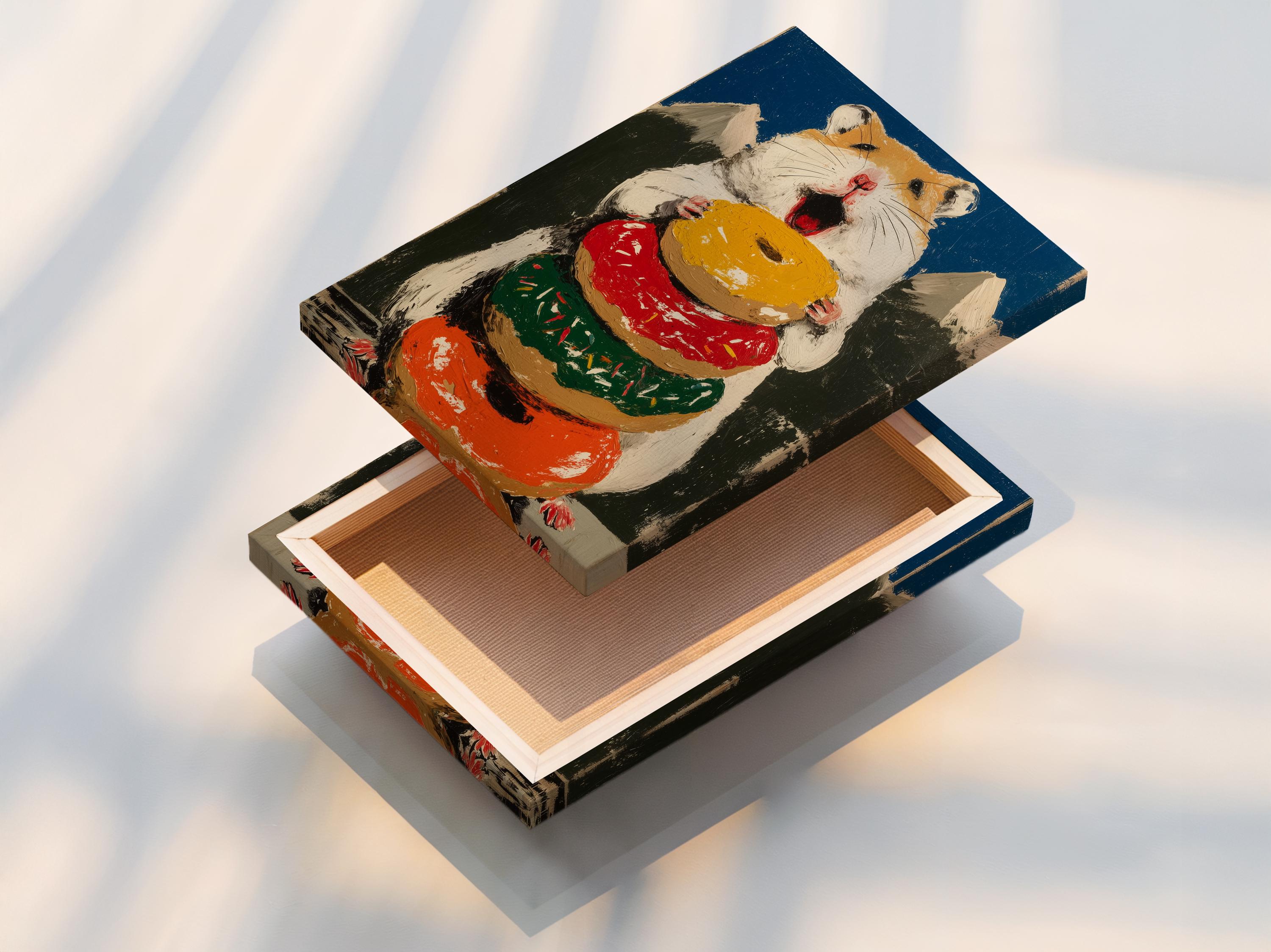 Painted hamster holding a large donut with red, green and gold accents detail view
