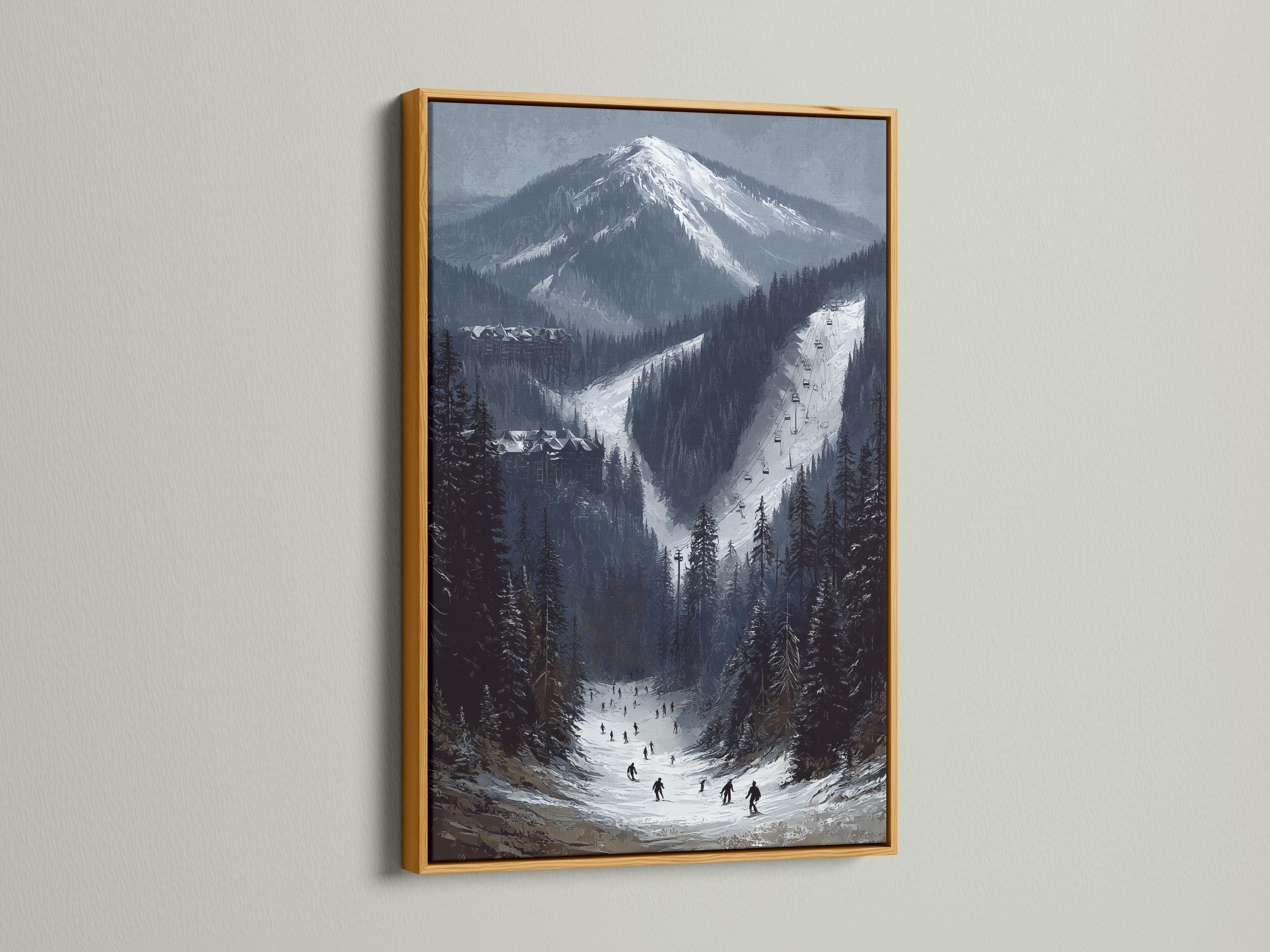 Alpine winter landscape with snow-capped mountains, evergreen trees and a ski slope with a chairlift detail view