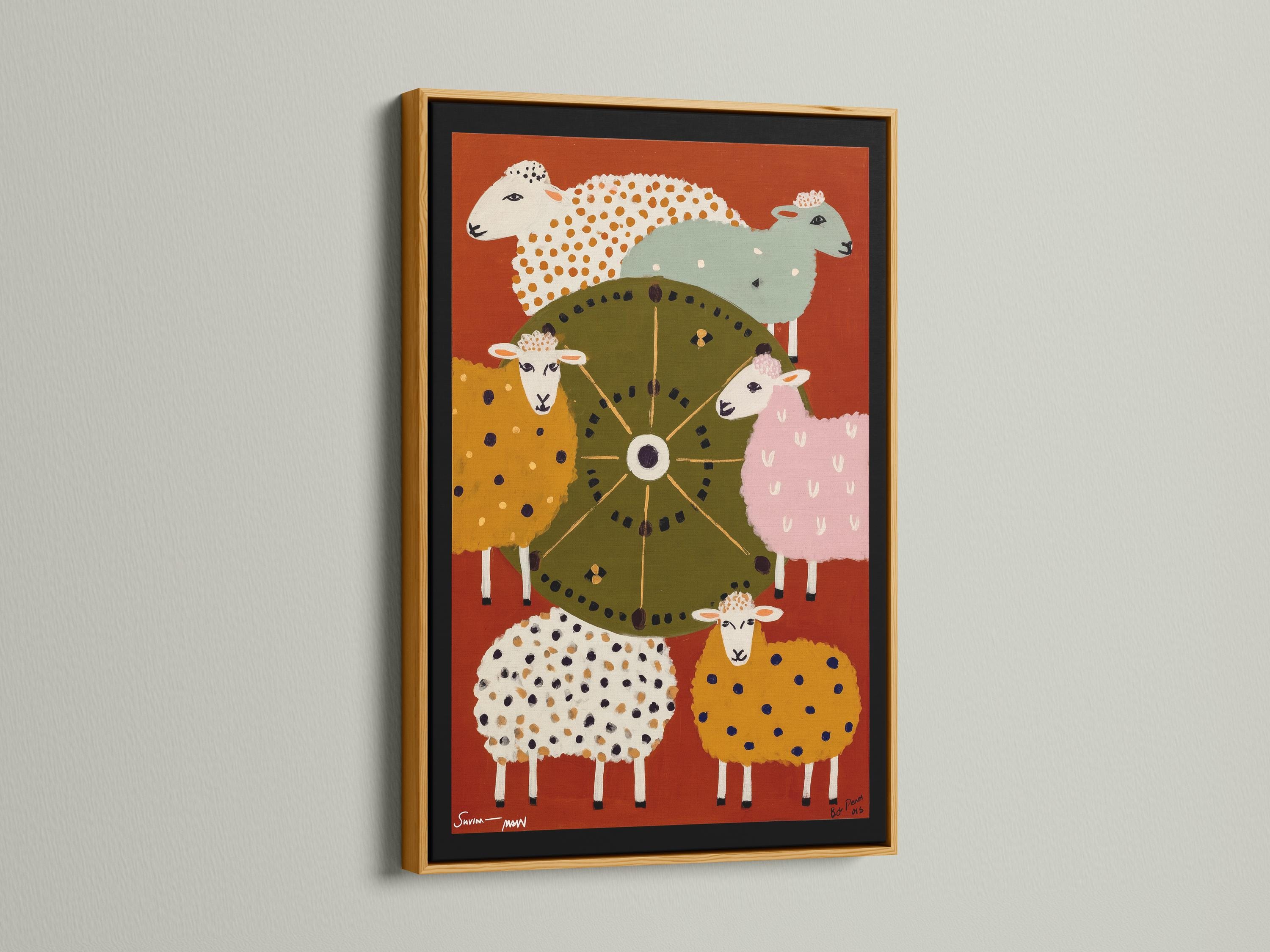 Colourful folk-style sheep illustration with a central wheel motif on a warm orange background detail view