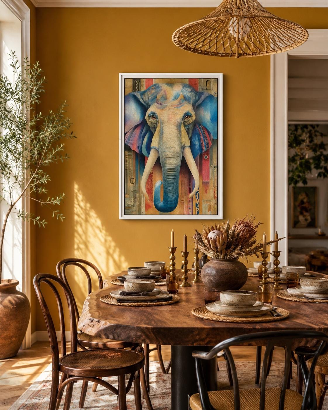 A stylised blue elephant portrait with patterned, map-like details sits centre-stage within a colourful, vintage-inspired background detail view