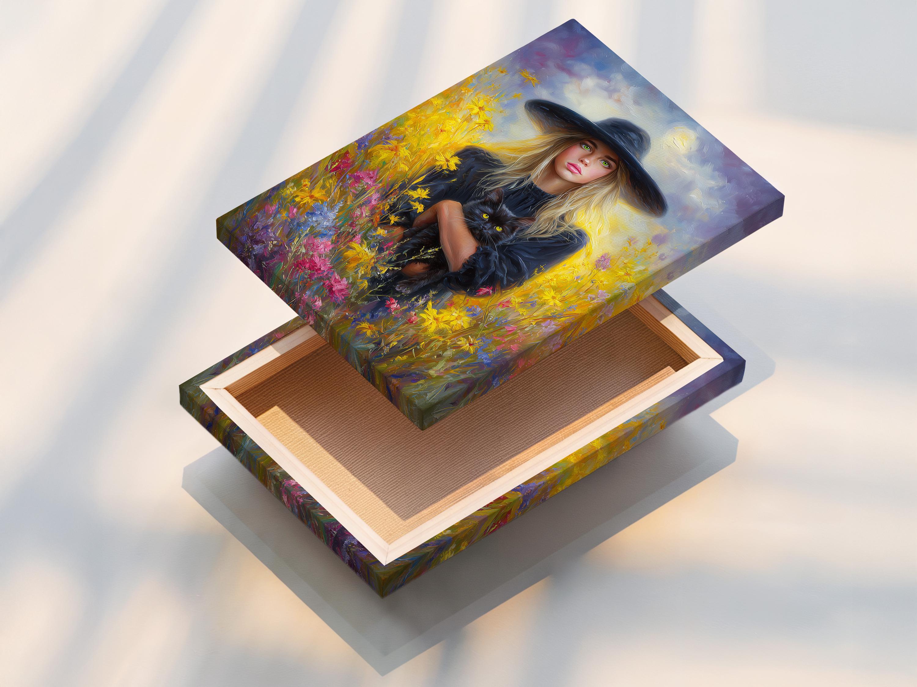 Blonde witch in a wide hat holding a black cat in a field of bright flowers detail view