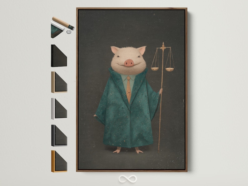 A pig in a teal suit with hanging gold scales on a dark textured background