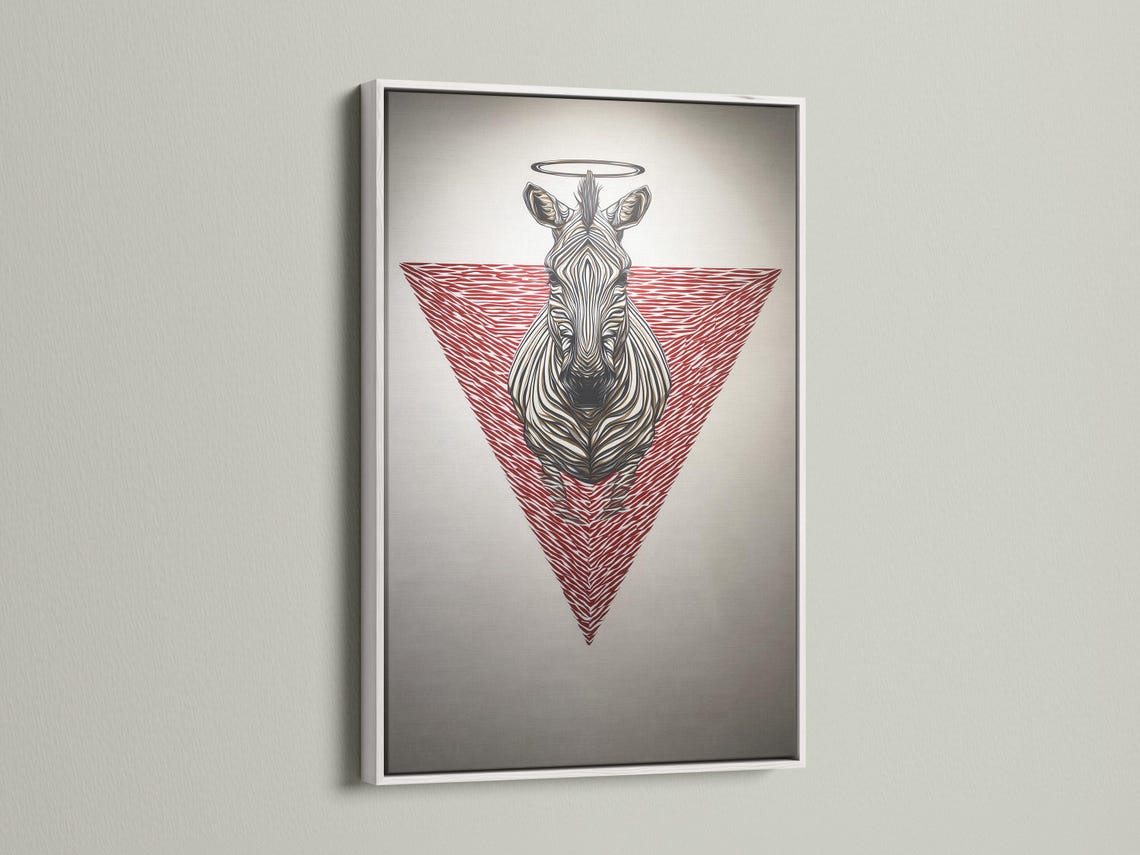 Wall mockup showing a framed zebra artwork with a red striped triangle and halo ring