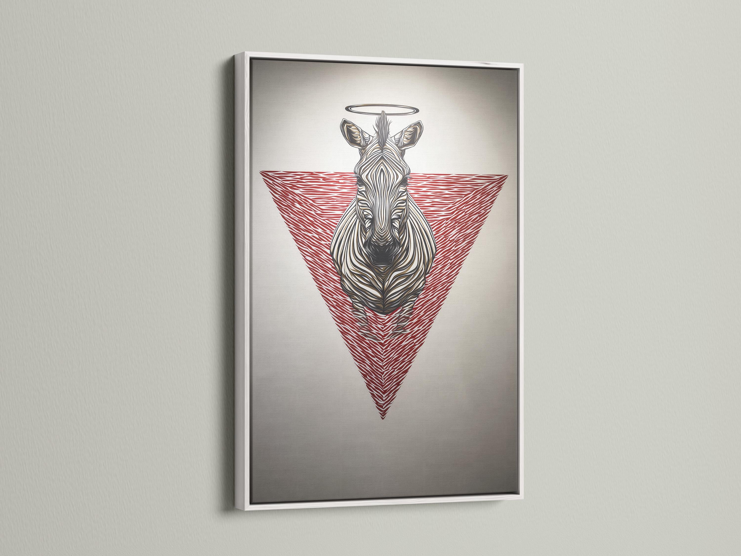 Wall mockup showing a framed zebra artwork with a red striped triangle and halo ring