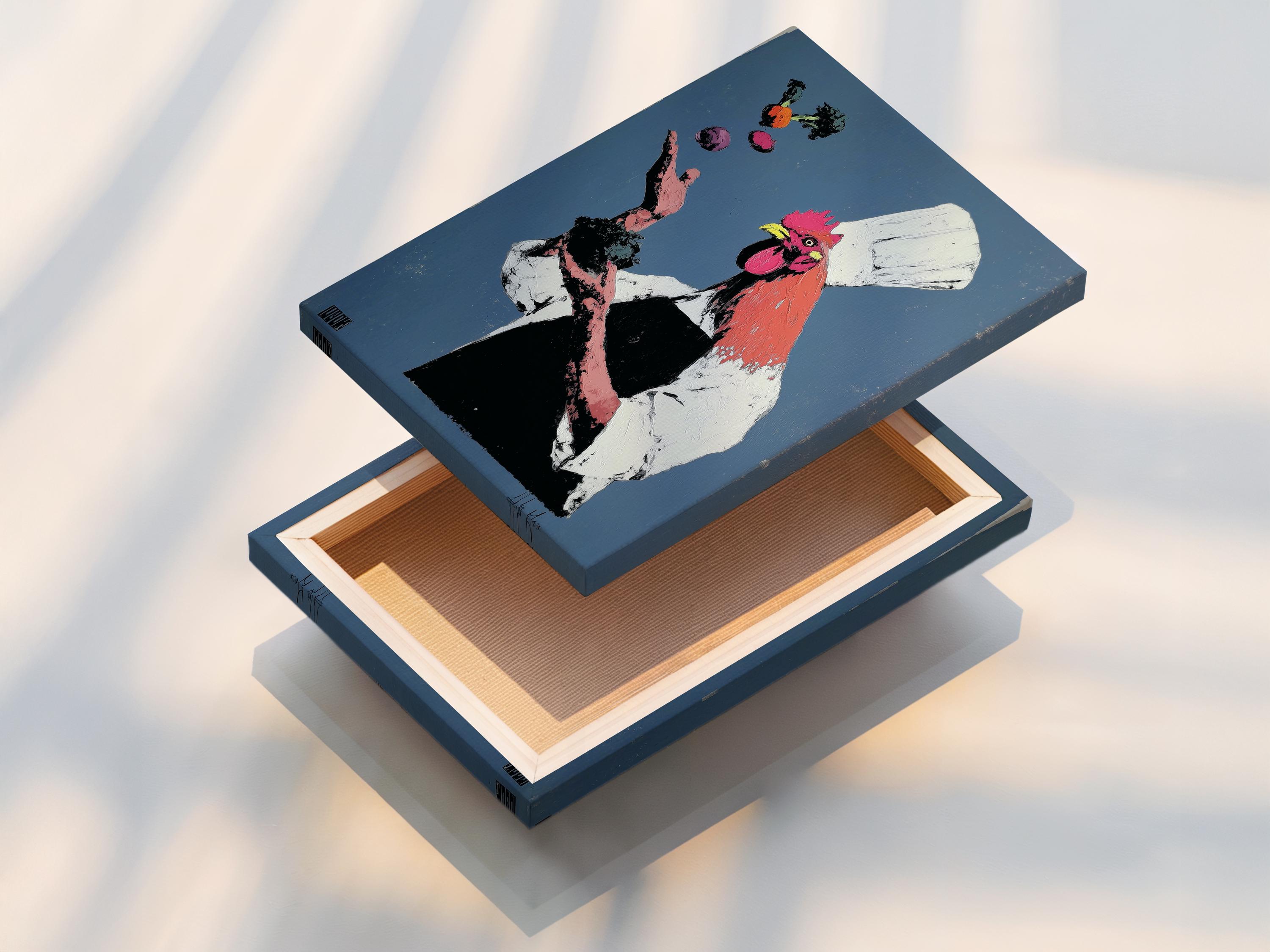 Rooster chef illustration with a tall white hat on a blue background with pink, black and yellow details detail view