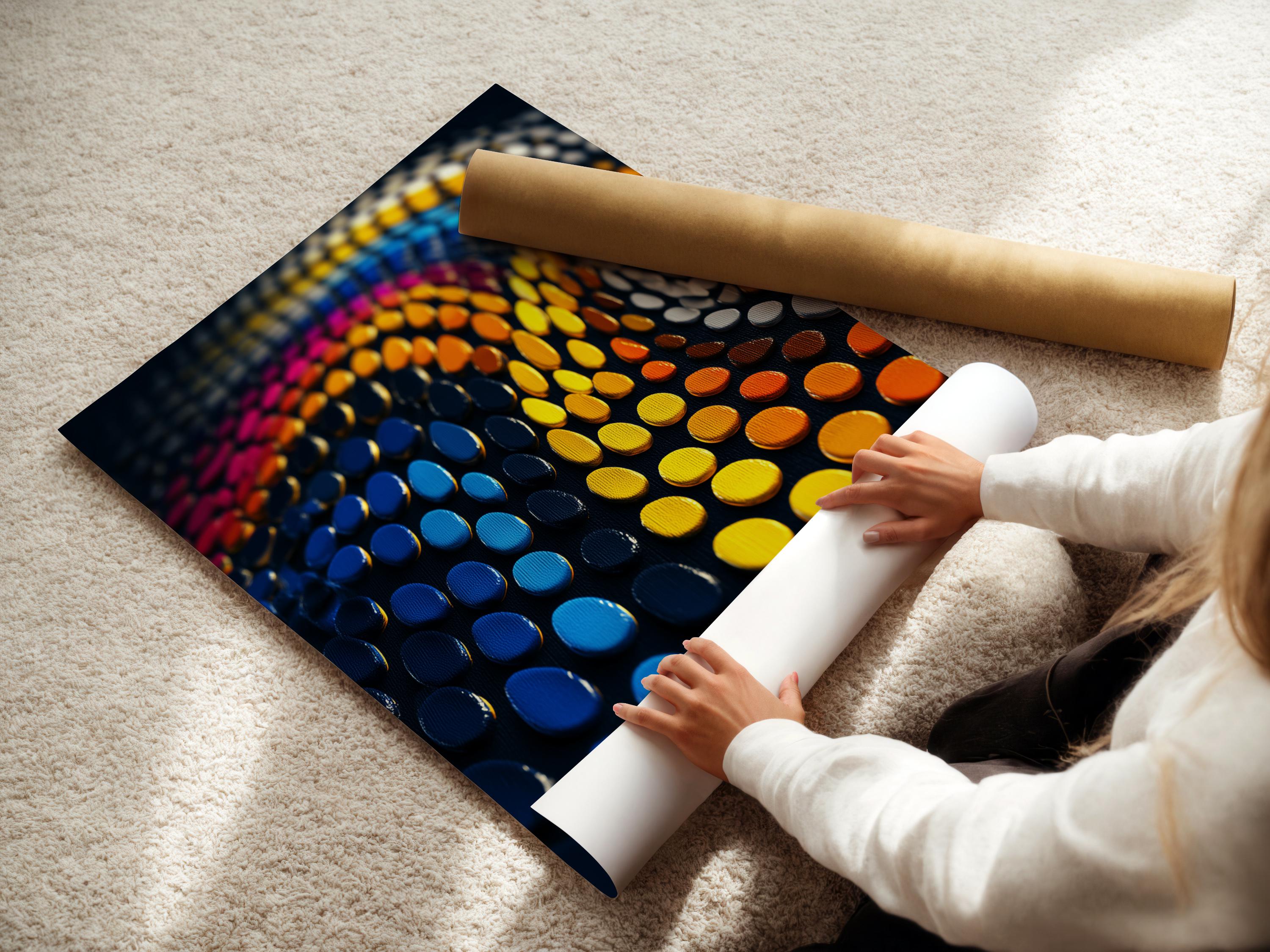 Abstract dots wave in blue, purple, yellow and orange on a dark background detail view