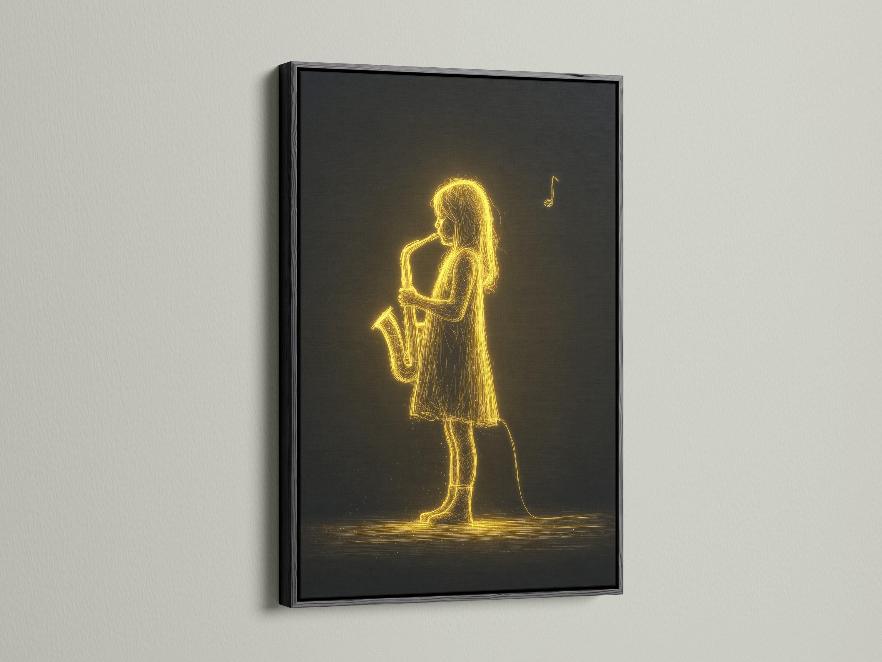 Neon gold line drawing of a saxophone player musician against a dark background with a floating music note detail view