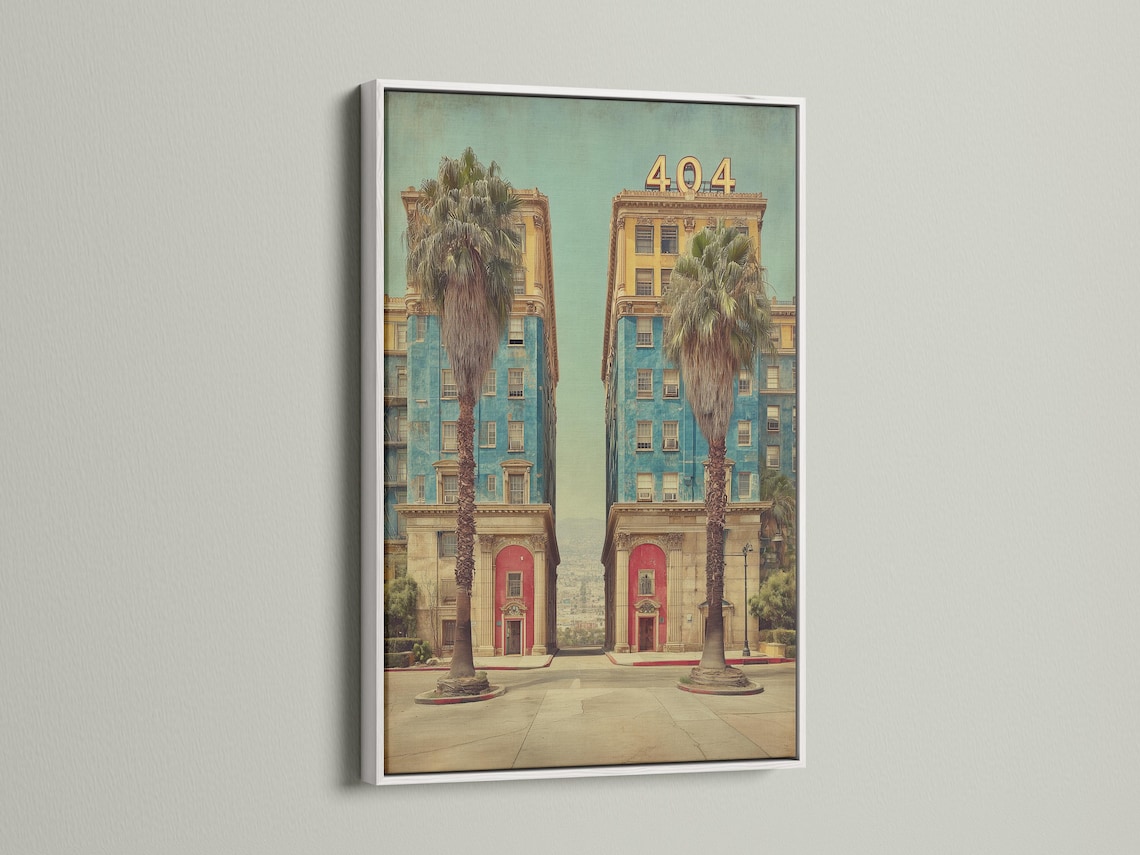 Retro hotel architecture scene with palm trees and large “404” numbers detail view