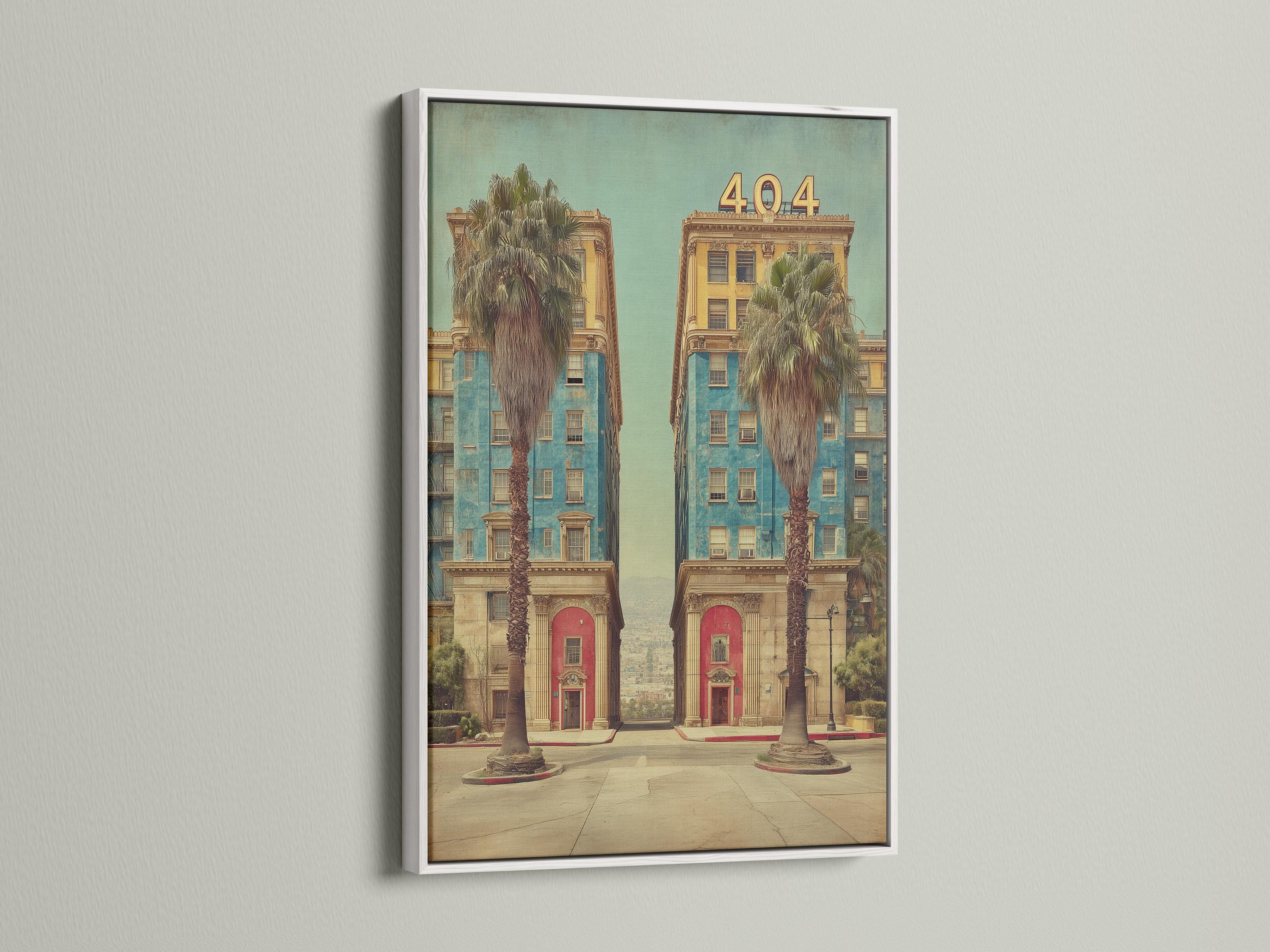 Retro hotel architecture scene with palm trees and large “404” numbers detail view