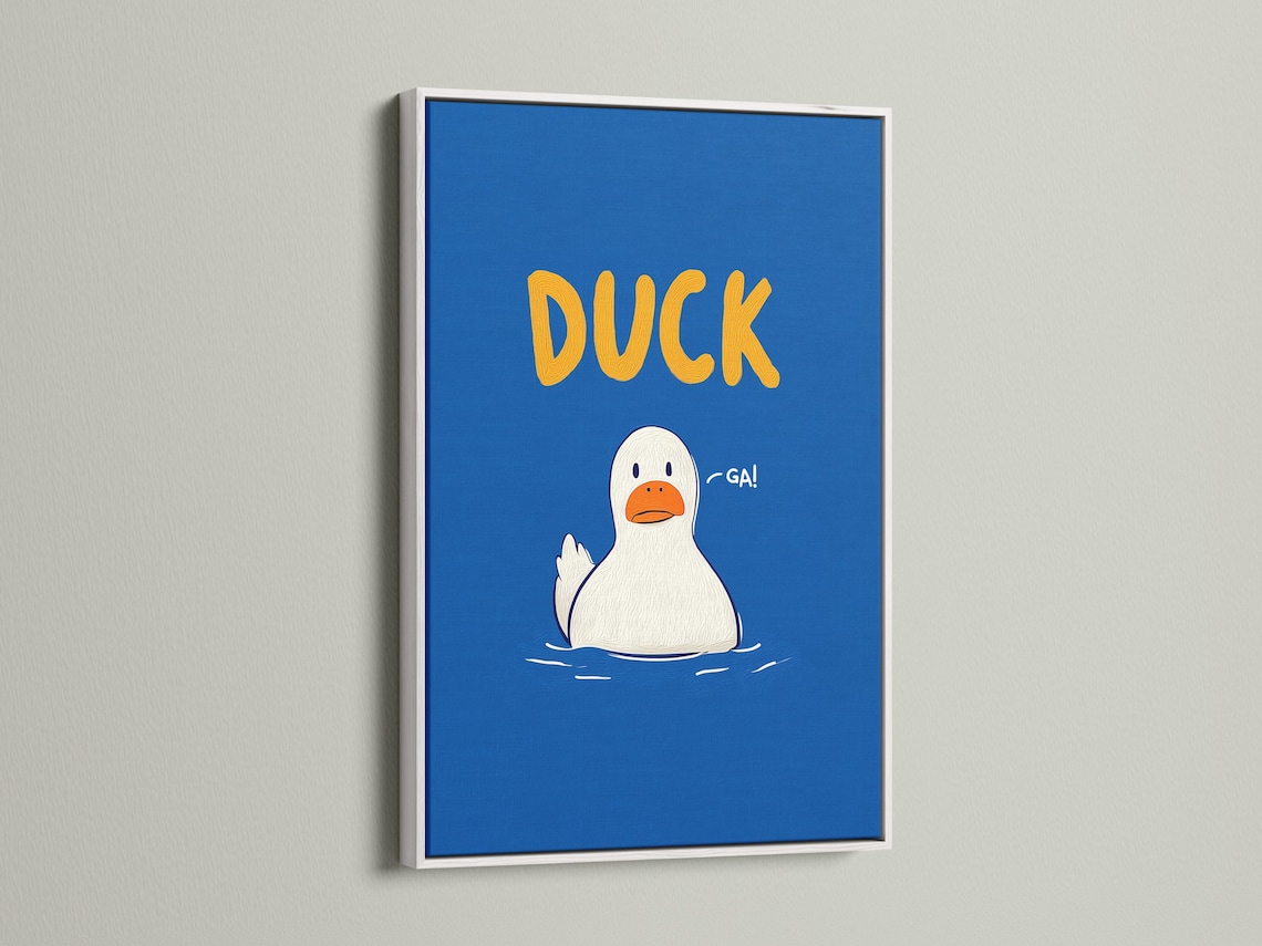 Room mockup showing blue framed duck artwork with orange “DUCK” text