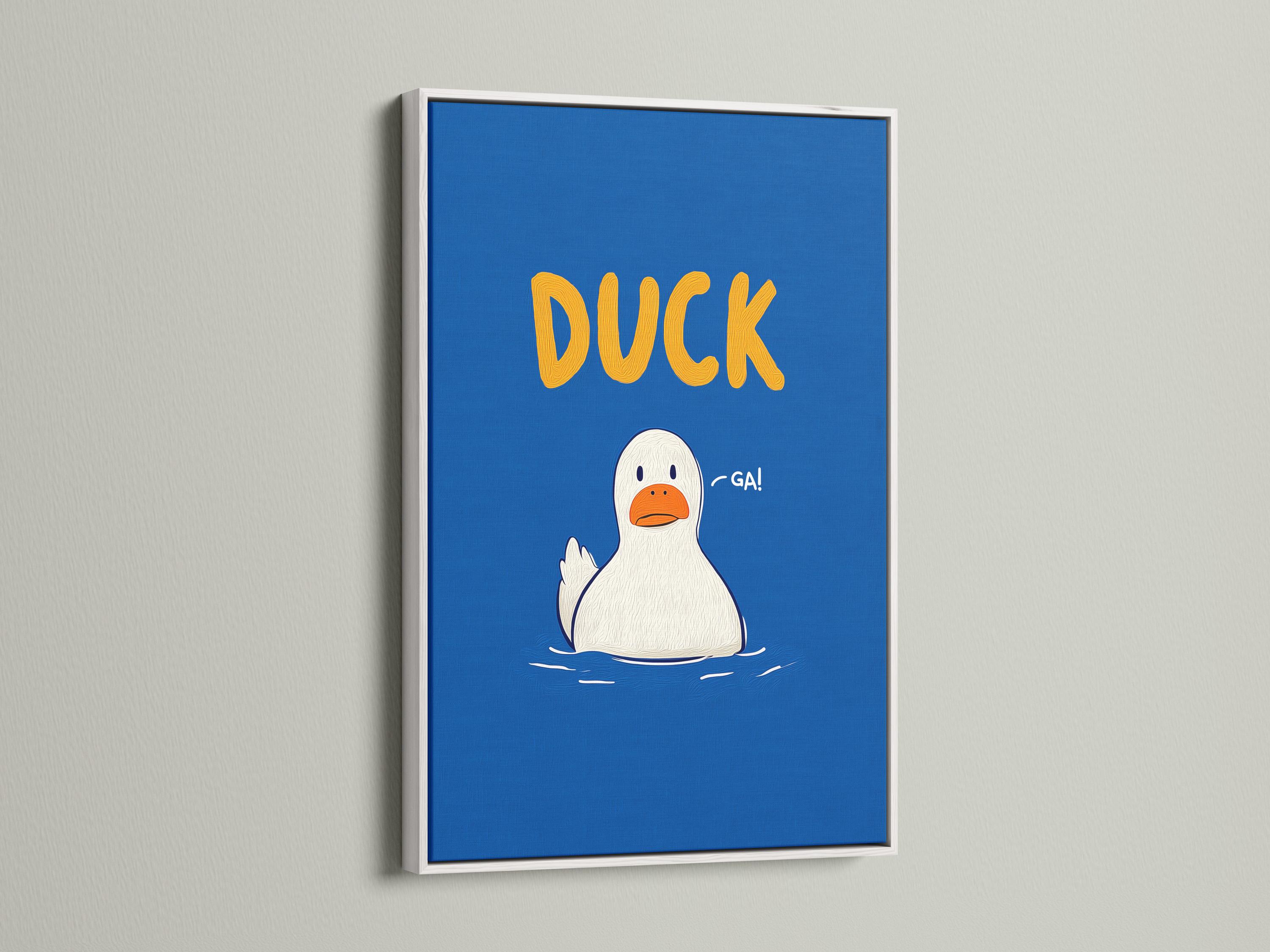 Room mockup showing blue framed duck artwork with orange “DUCK” text
