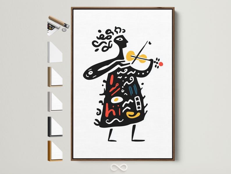 Red, yellow and black abstract musician illustration with trumpet and swirling note doodles on a white background
