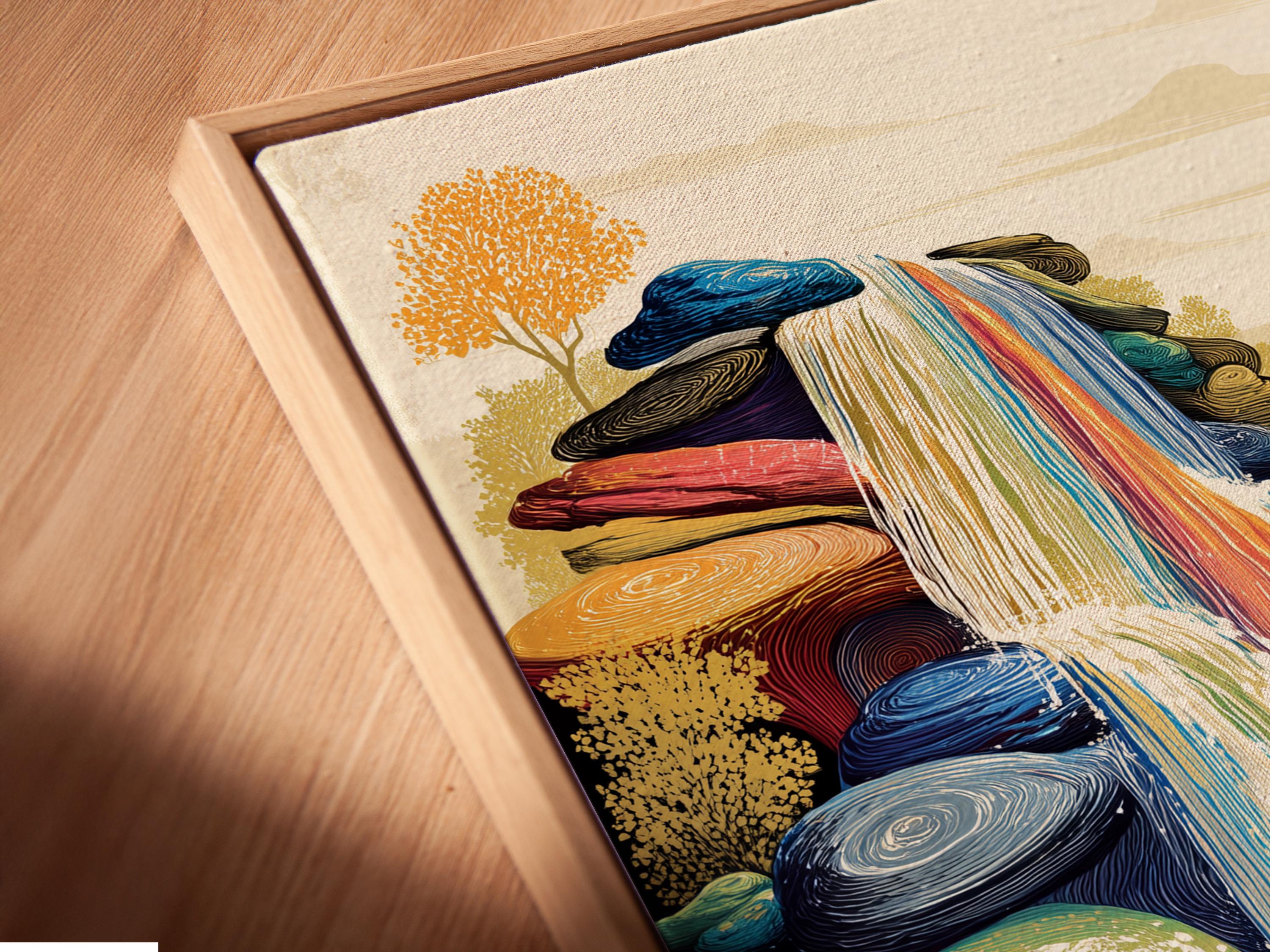 Room mockup showing a framed waterfall artwork with blue and gold colours