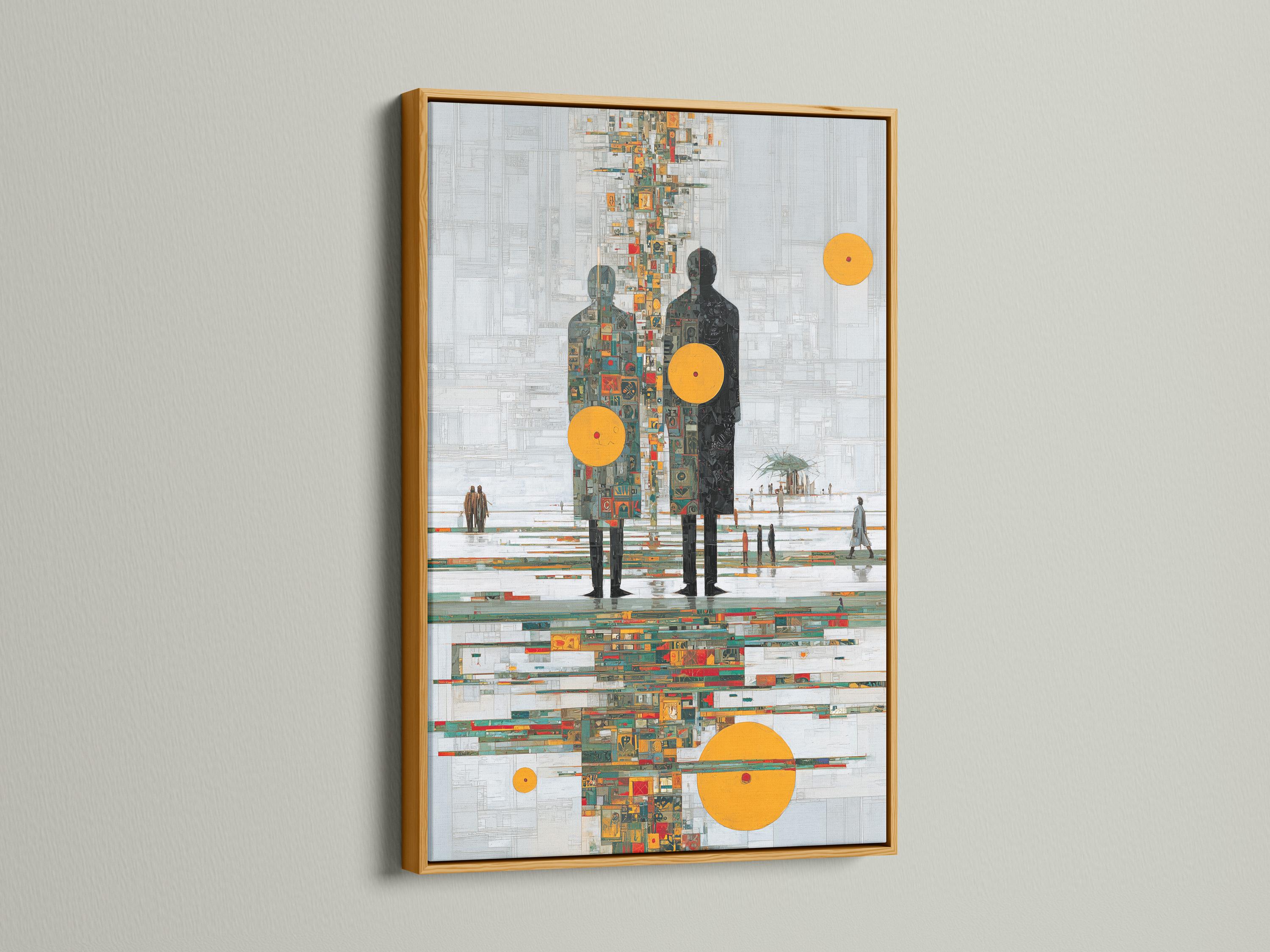 Stylised human figures on a light grey grid background with mustard-yellow circles and colourful mosaic tiles detail view