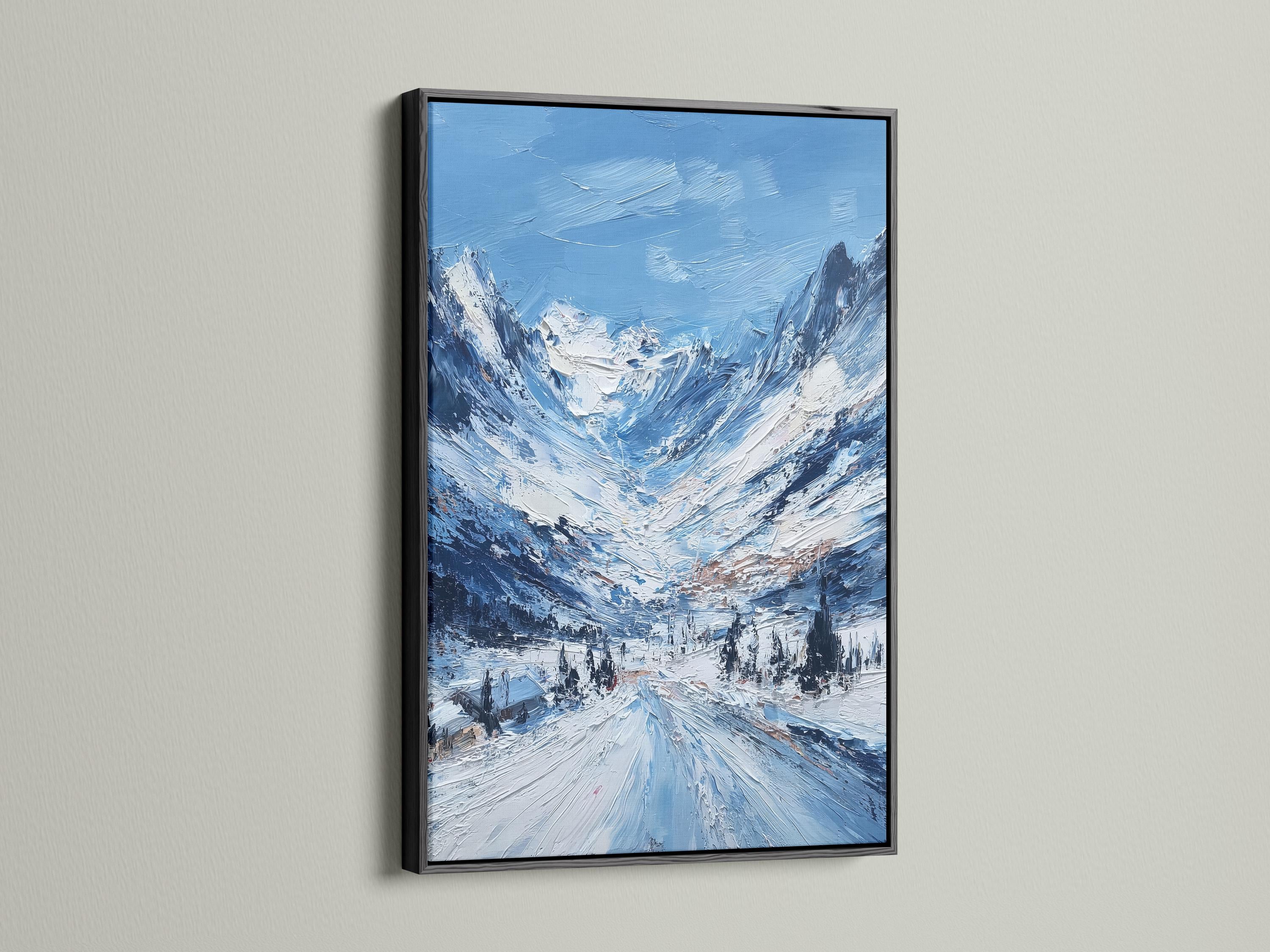 Mockup showing a framed snowy mountain artwork against a light background with rolled print pieces