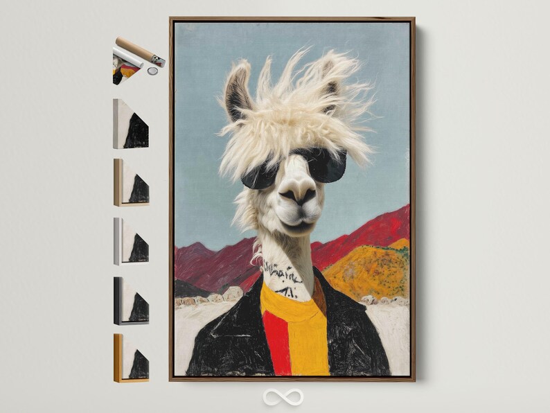 Stylised llama wearing black sunglasses with a fluffy mane and red and yellow scarf in a desert scene