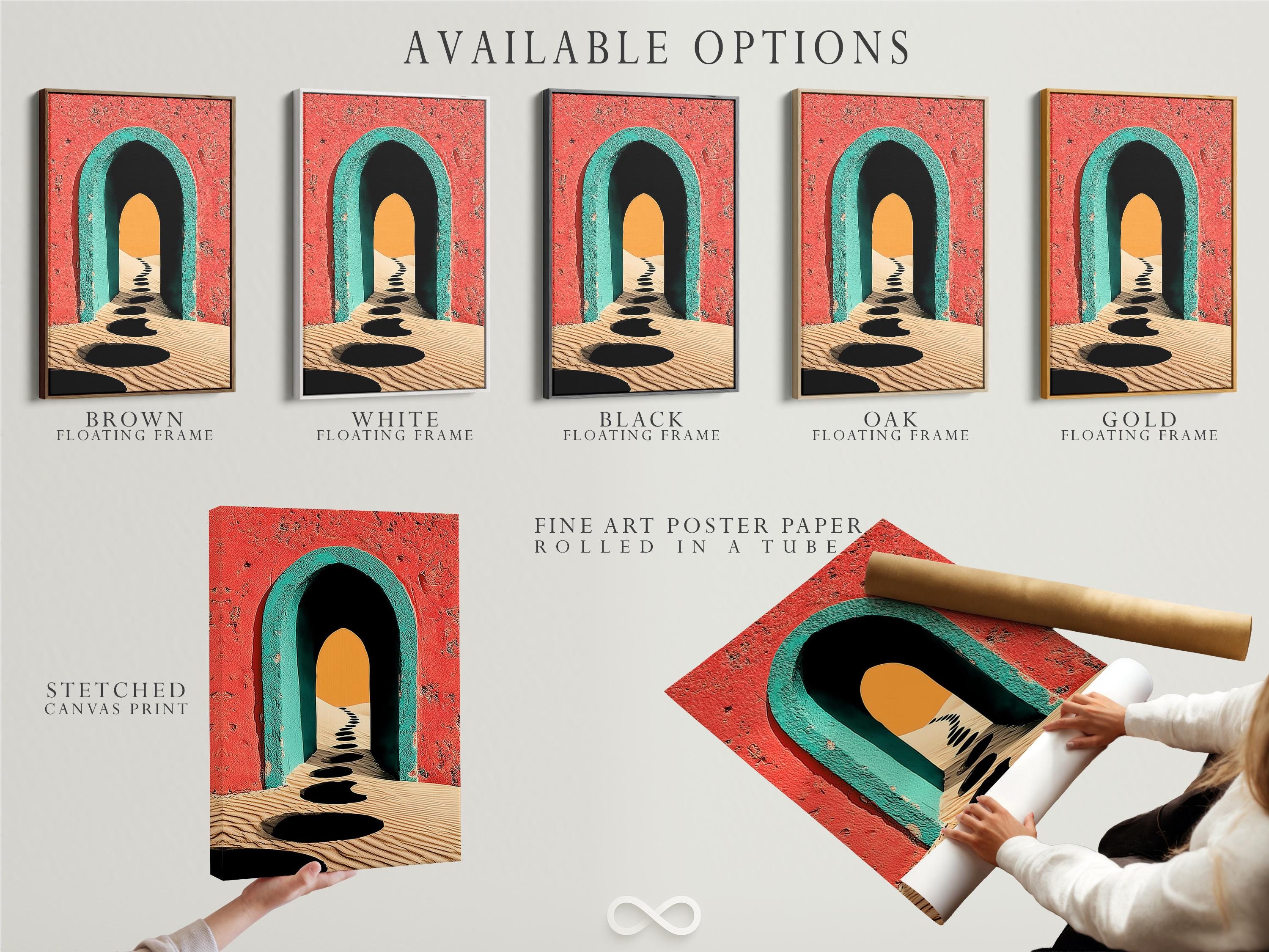 Illustrated coral-red and teal archway with sandy desert path and dark stone shapes detail view