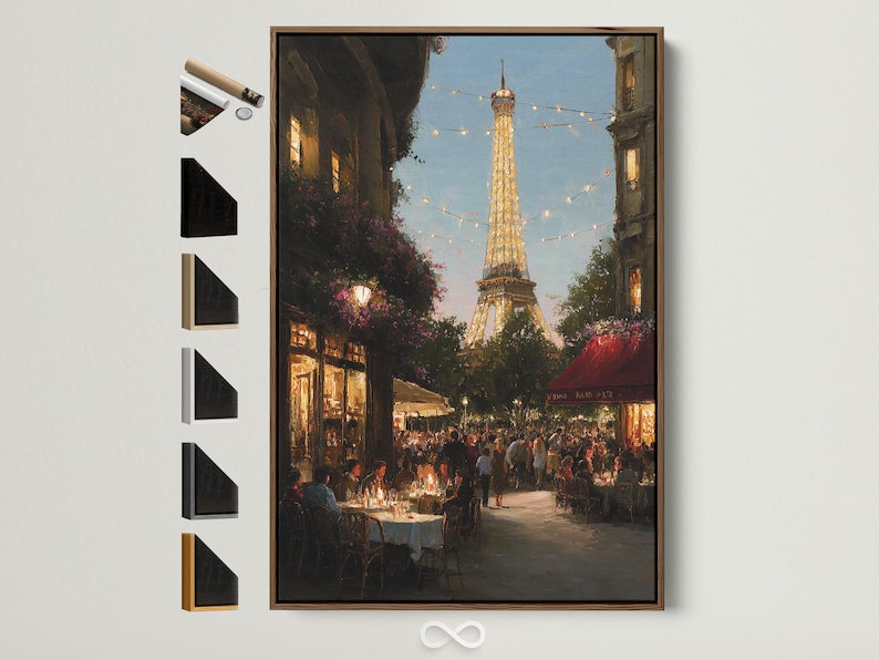 Painterly Paris street scene with the illuminated Eiffel Tower and warm string lights