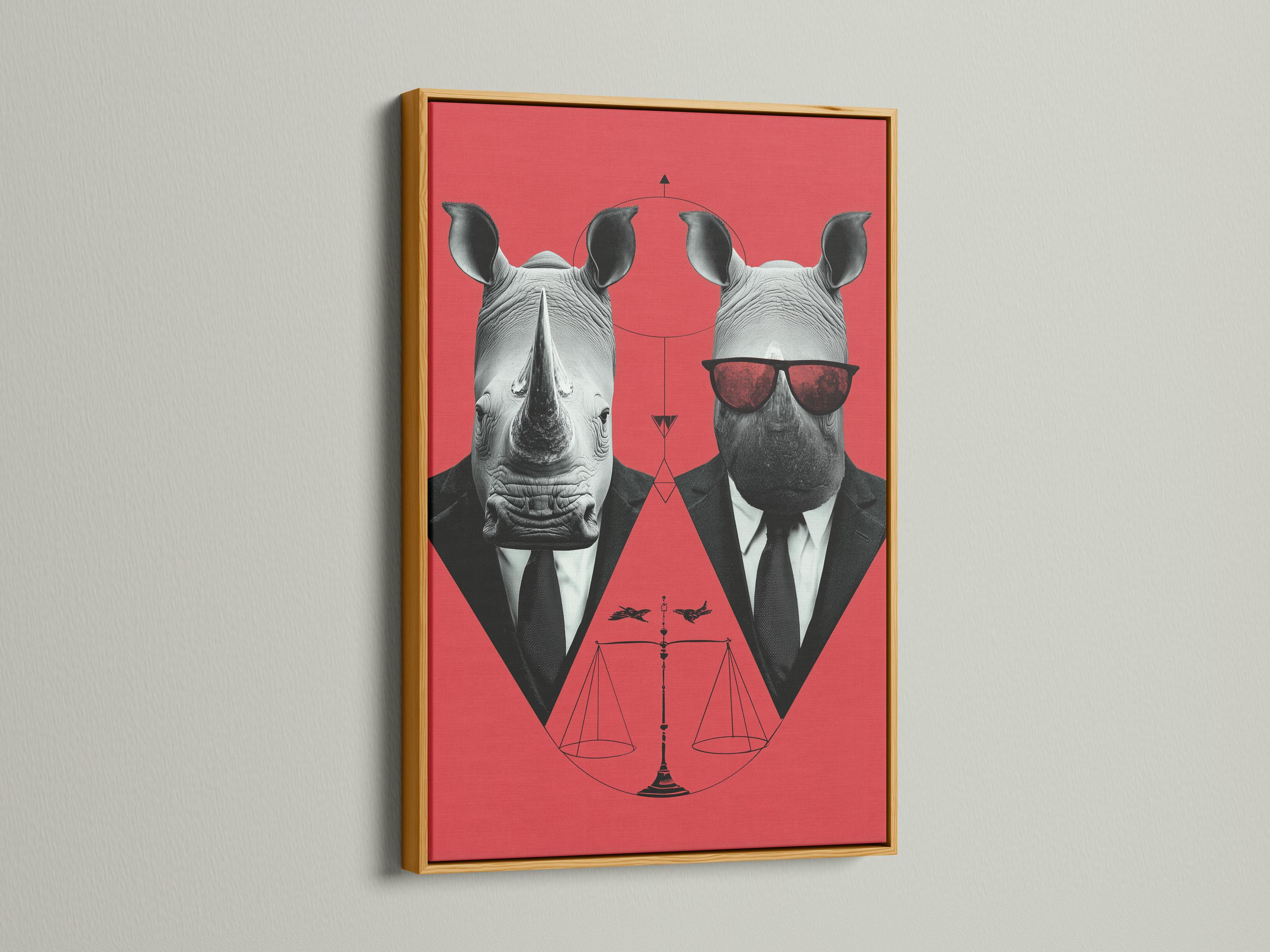 A stylised rhino duo in suits wears red sunglasses against a coral backdrop, with a red hourglass-like symbol and thin geometric lines below detail