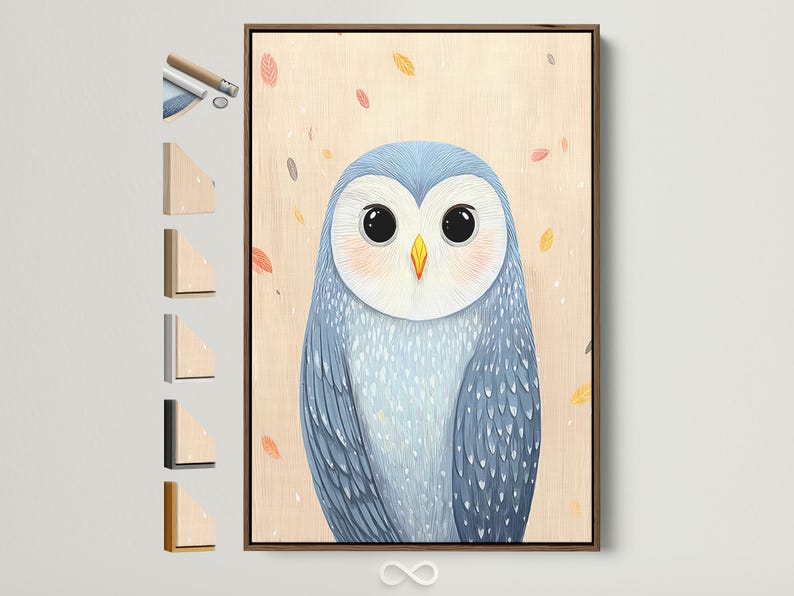 Illustrated owl portrait with big dark eyes, soft blue feathers and scattered pastel leaves on cream background