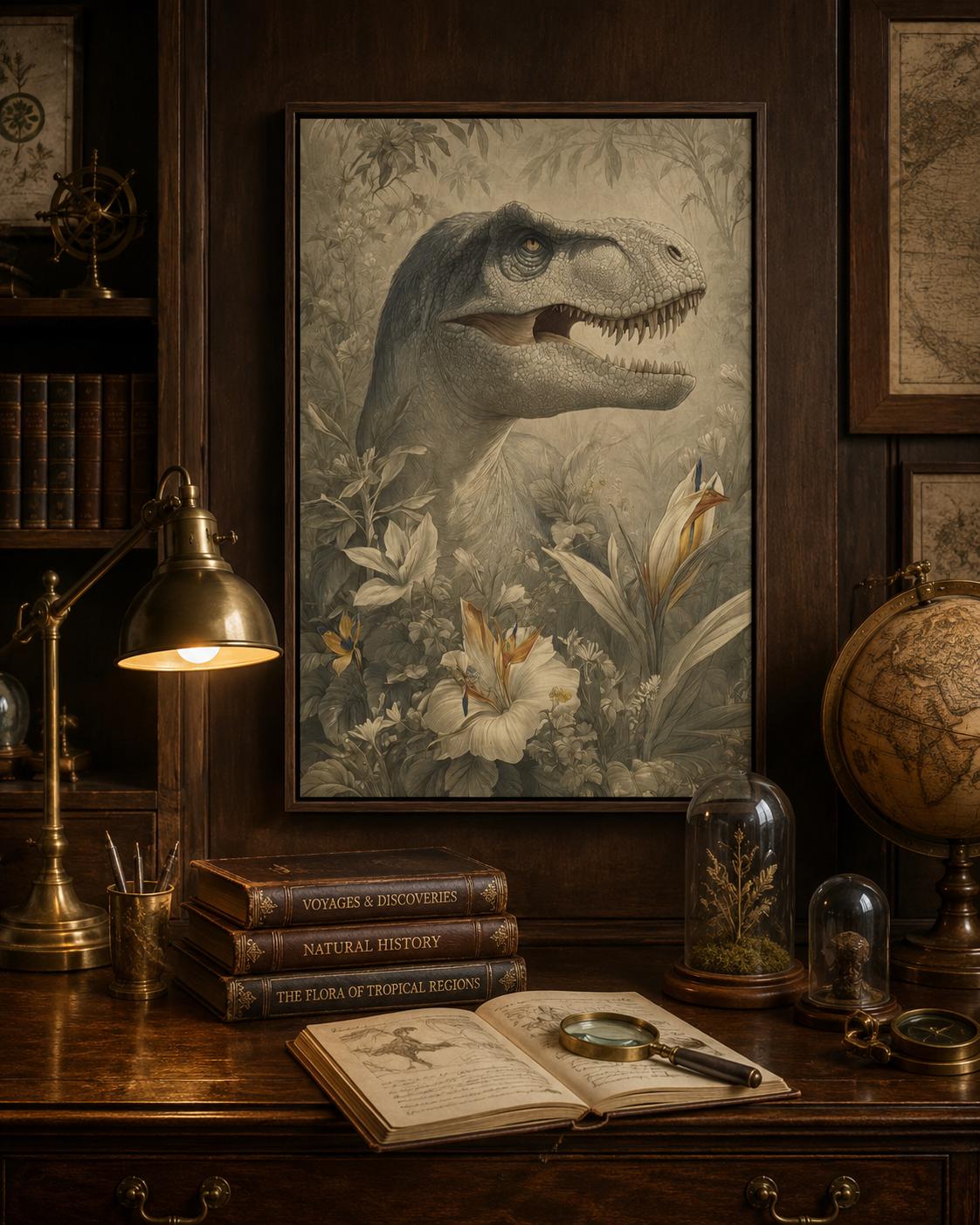 Woman standing in a room next to a framed dinosaur and botanical illustration on the wall