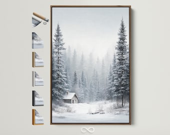 Puede incluir: Impresión en lienzo enmarcada de un paisaje invernal. La obra representa un bosque nevado con altos árboles de hoja perenne y una pequeña cabaña. La paleta de colores es principalmente blanca, gris y marrón, creando una atmósfera serena y pacífica.
