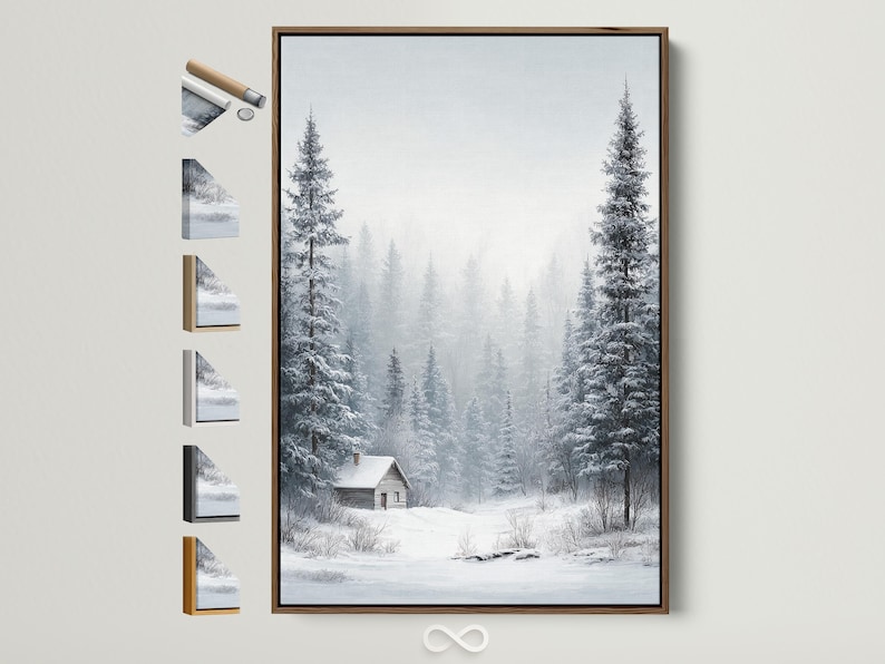 Snowy winter forest scene with pine trees, mist, and a small cabin