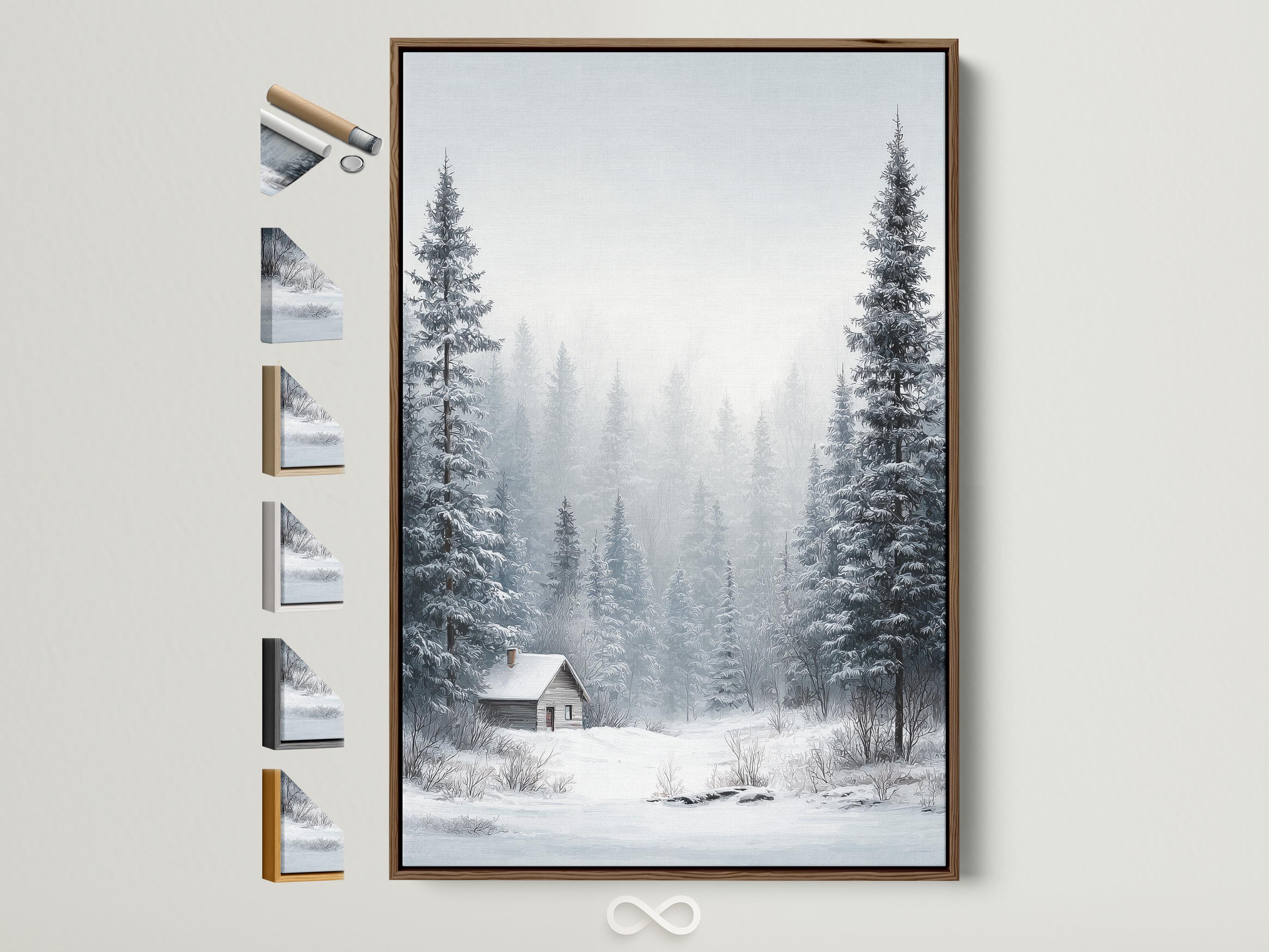Snowy winter forest scene with pine trees, mist, and a small cabin