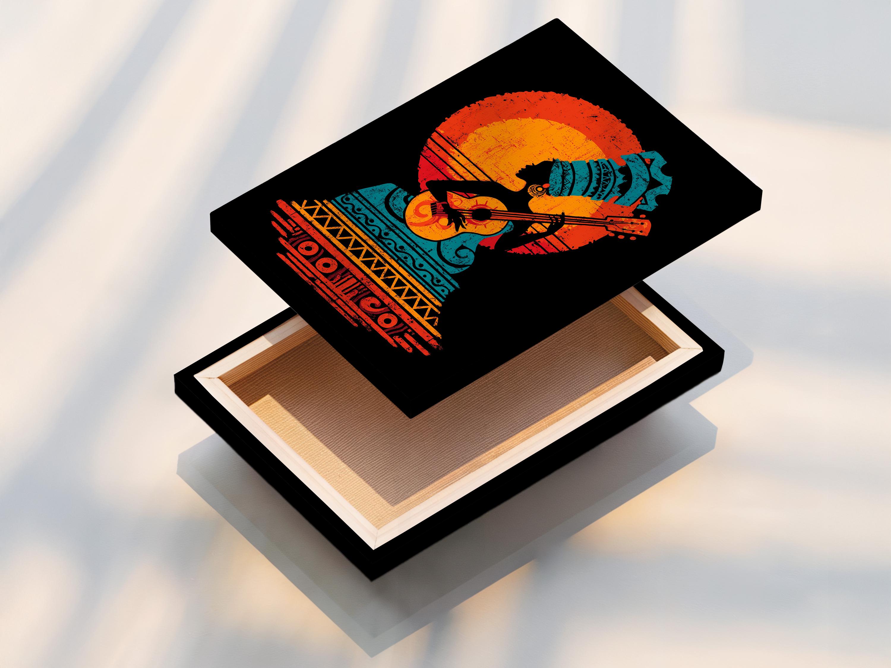 Stylised guitar player silhouette with orange-red sunburst and teal tribal pattern on a black background detail view