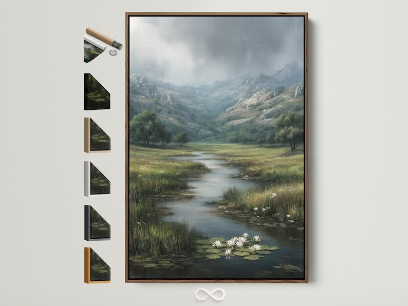 Painterly landscape of a river valley with misty mountains and lily pads with white flowers