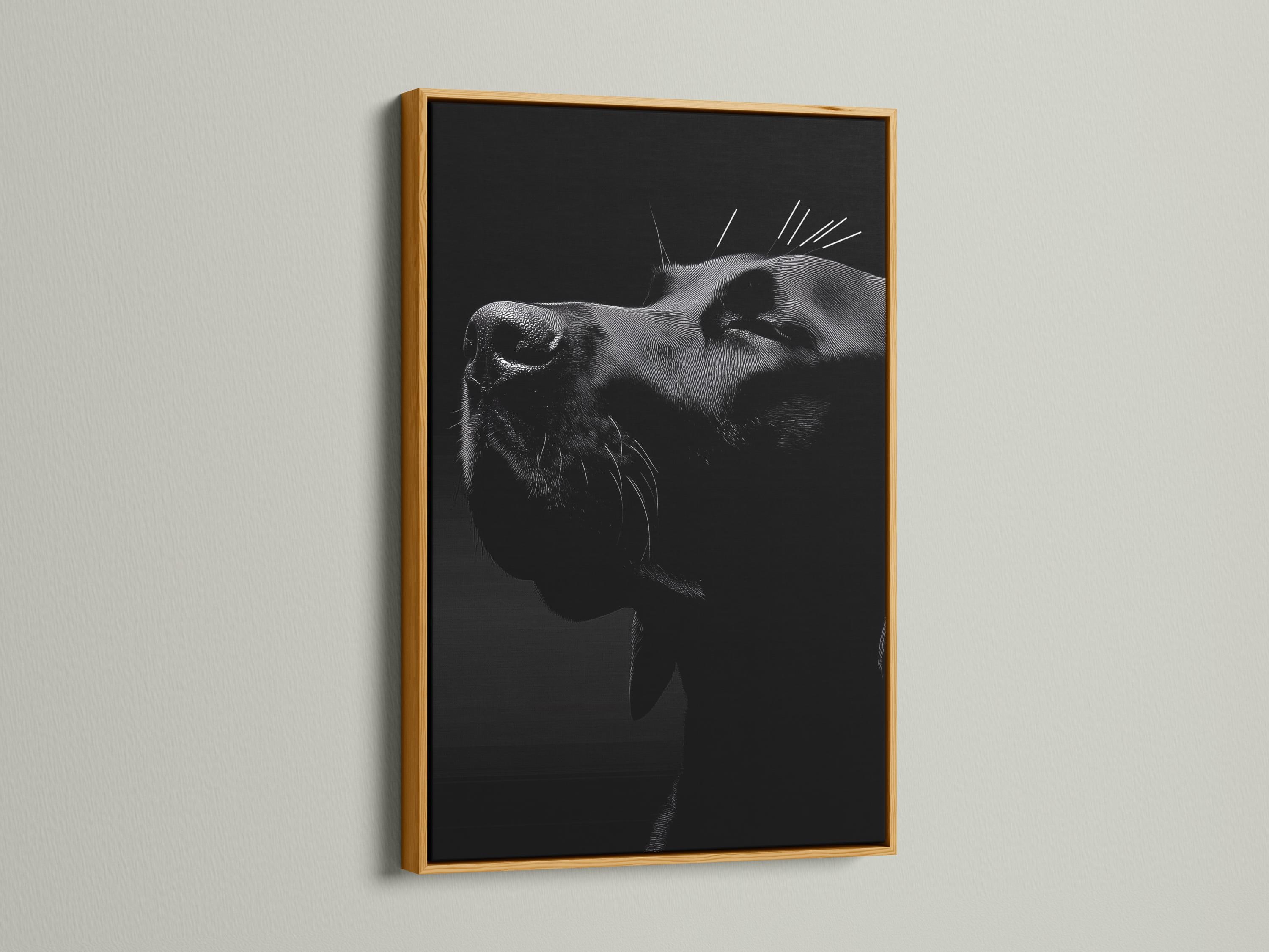 Monochrome dog portrait with crosshatched shading on a dark background detail view