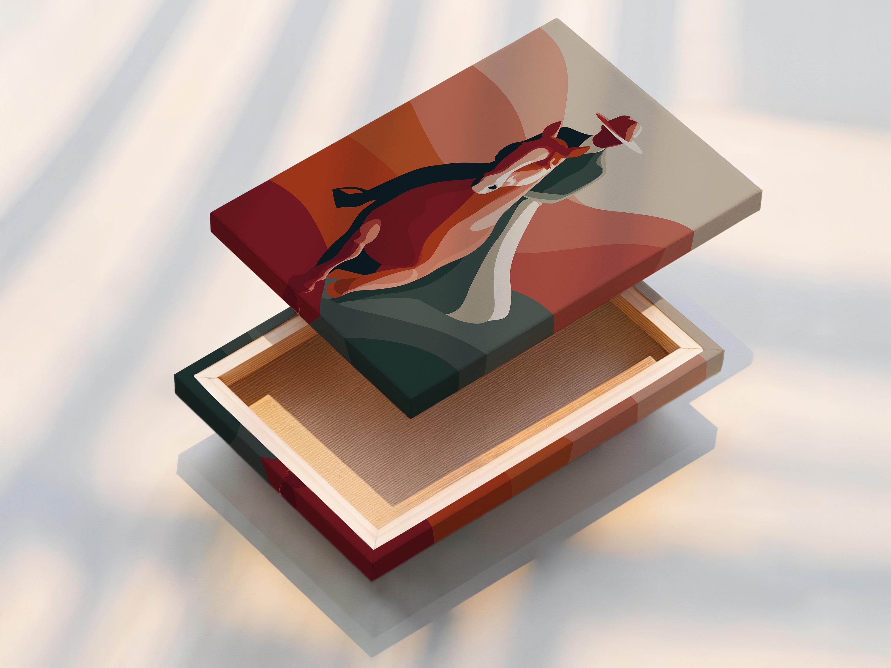 Mockup of a framed artwork showing a cowboy riding a rearing horse against terracotta hills
