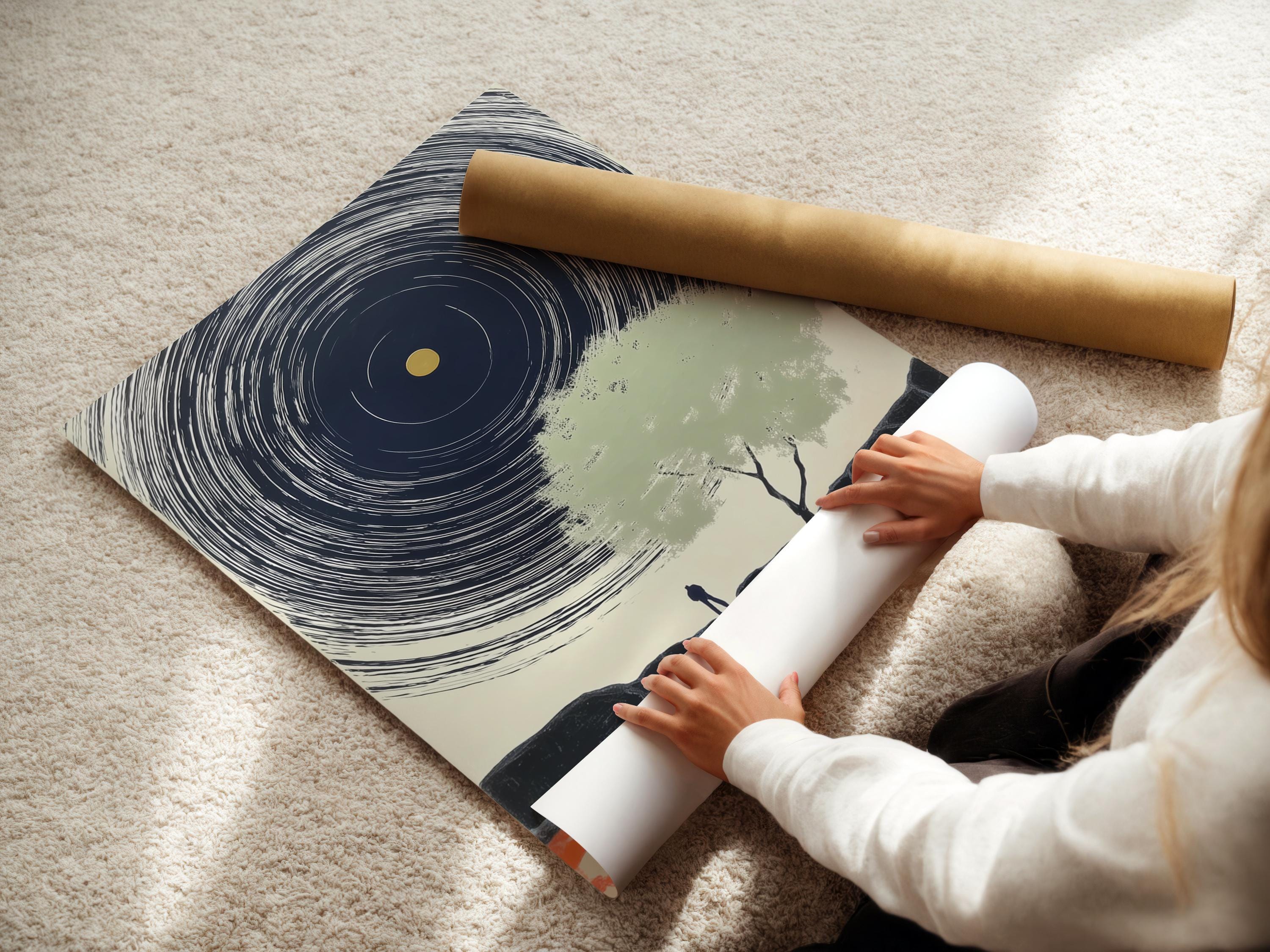 Abstract portrait artwork with navy spiral lines, a gold circle, a pale green tree silhouette, and bright fractured foreground colours detail view