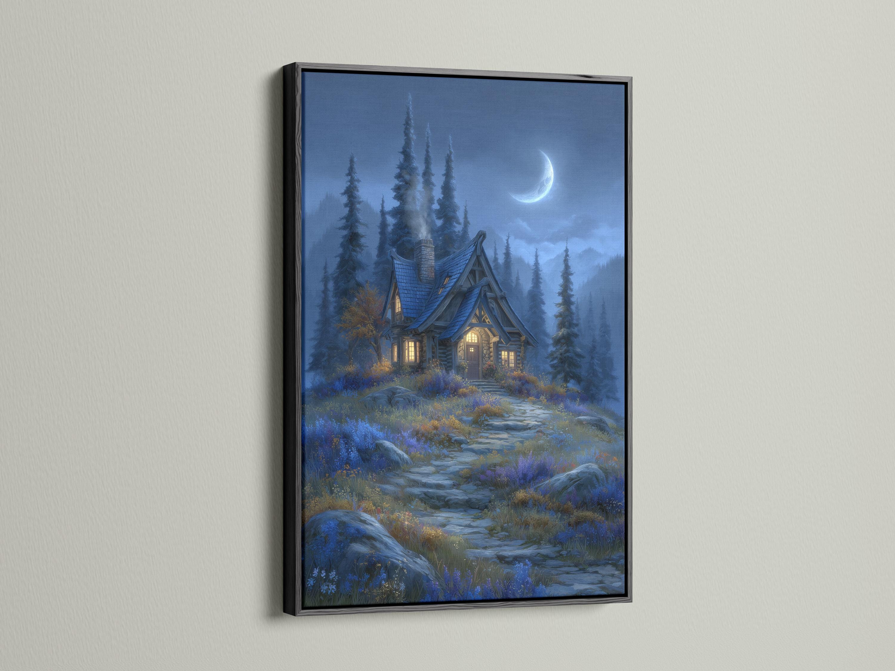 Moonlit cottage in a blue forest with tall pine trees, a full moon, and a winding path detail view