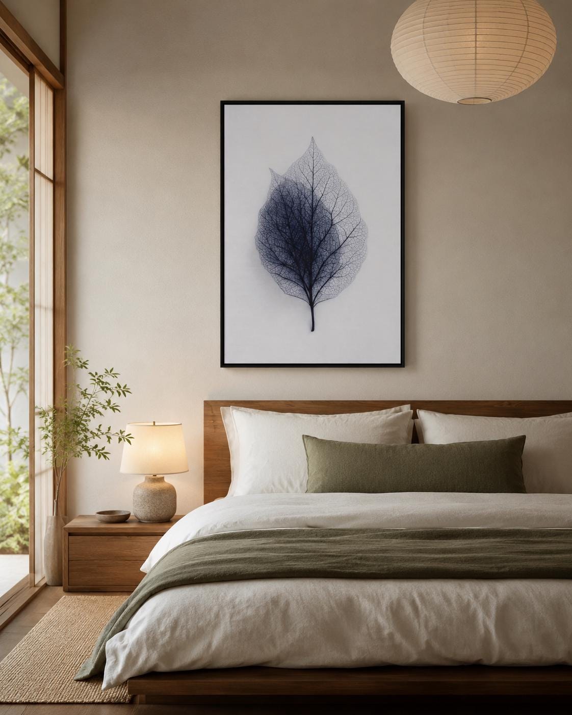A person looking at a framed leaf skeleton wall artwork in a bright room