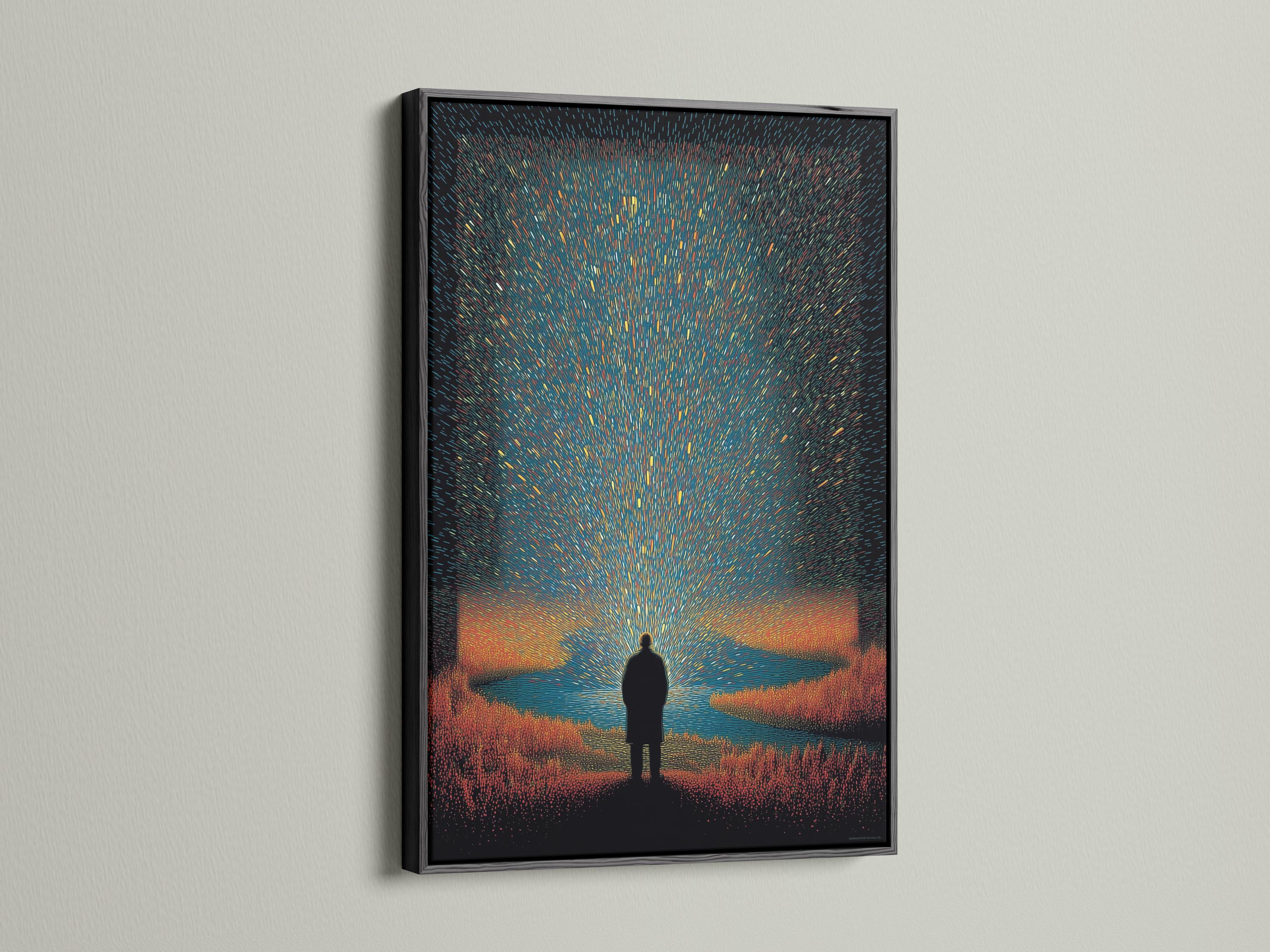 Moody teal and burnt-orange night scene with a silhouetted figure beneath a starburst glow detail view