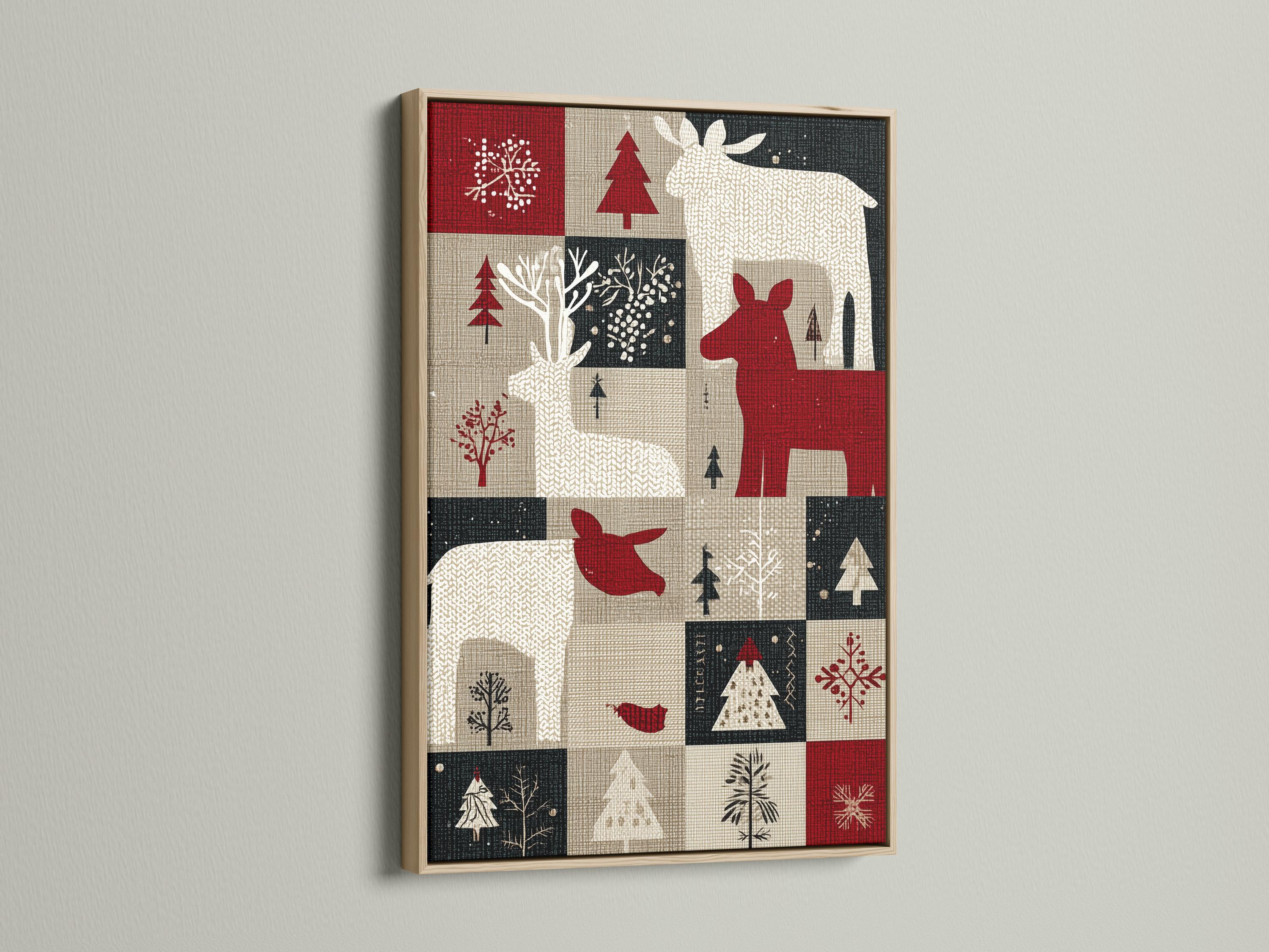 Deep red deer silhouette in a patchwork winter design with trees and snowflake motifs detail view