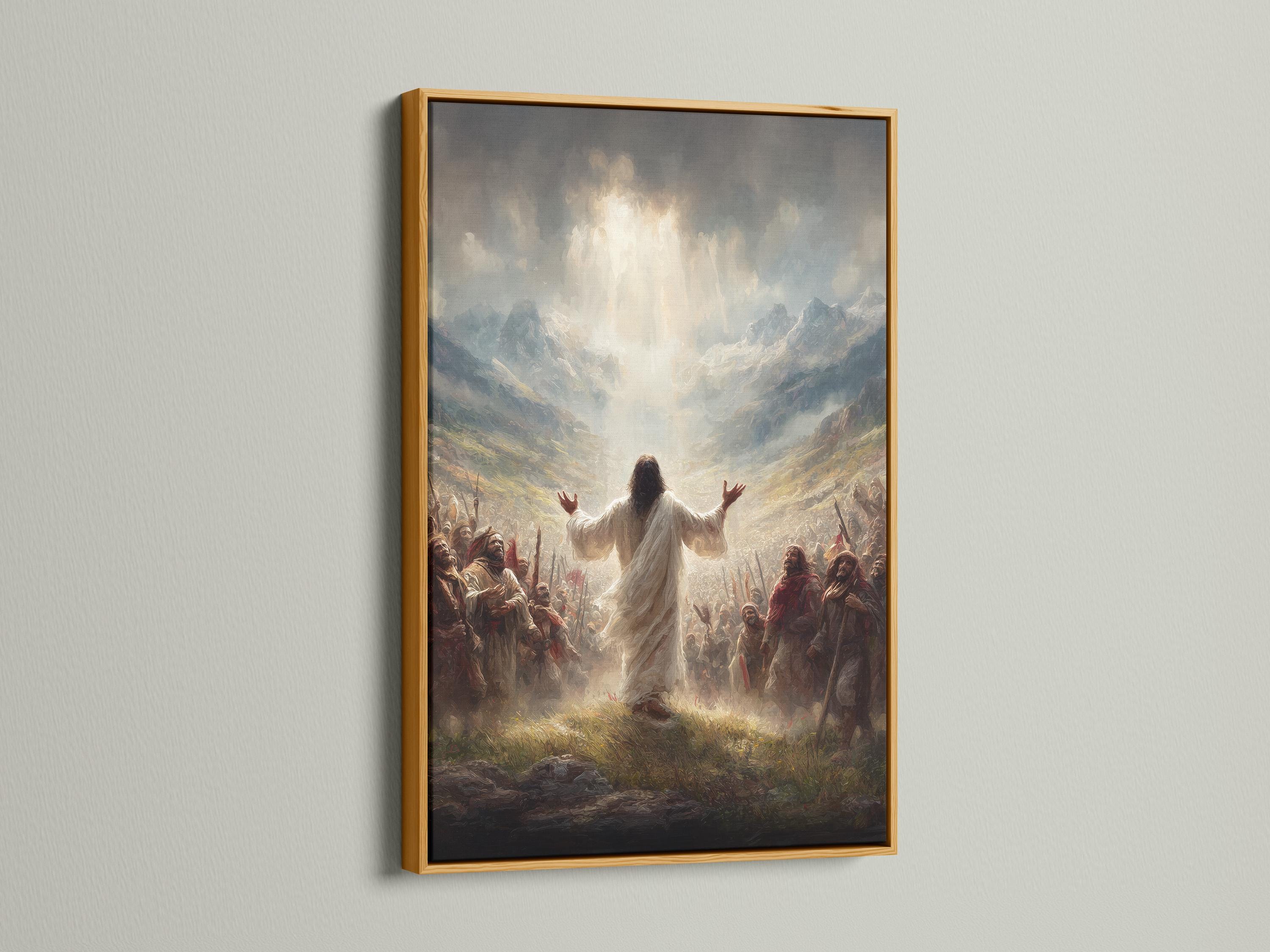 A robed figure with raised arms stands in a crowd beneath glowing light in a misty mountain landscape detail view