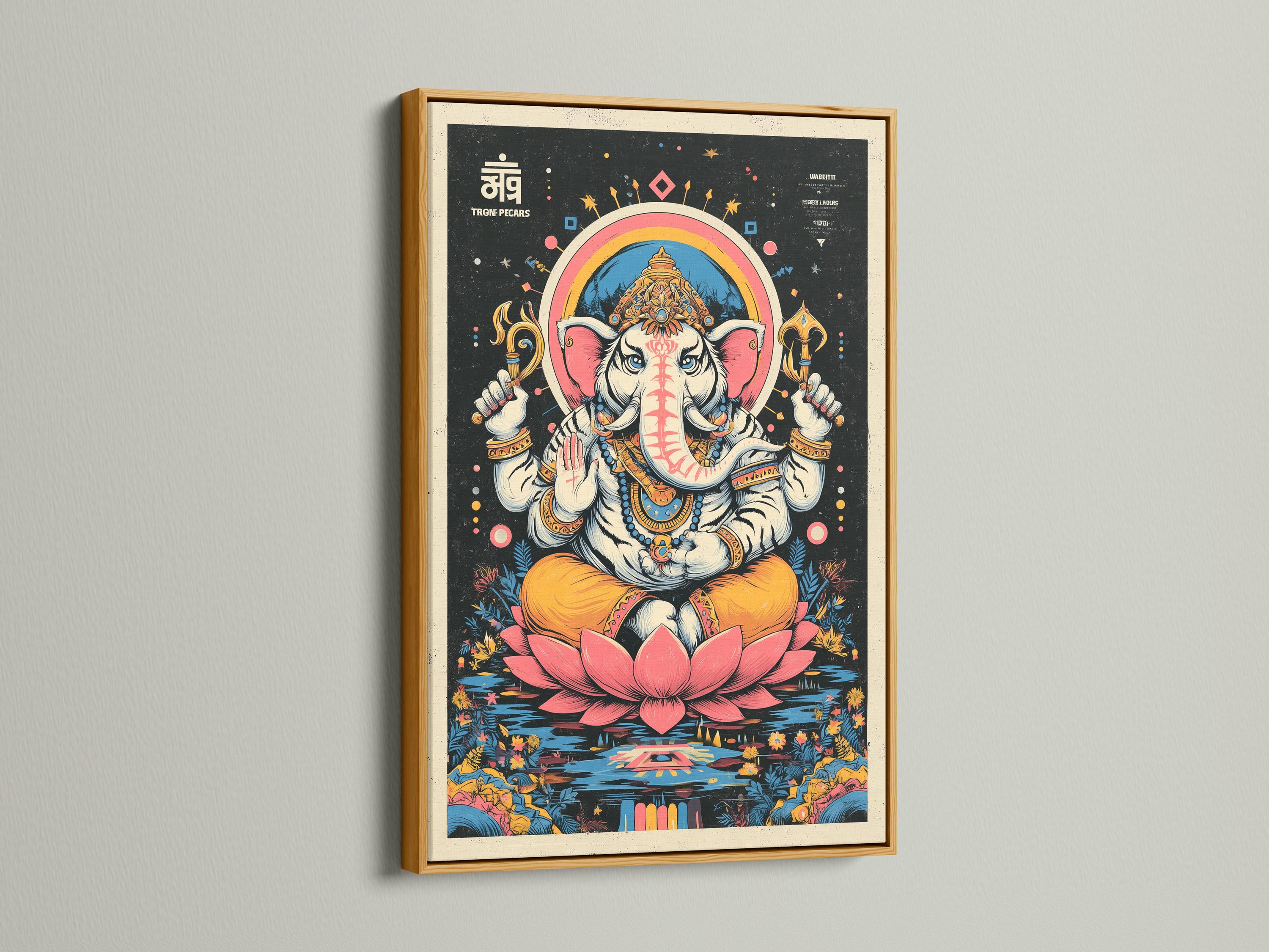 Colourful elephant-headed deity seated above a pink lotus on a dark starry background detail view