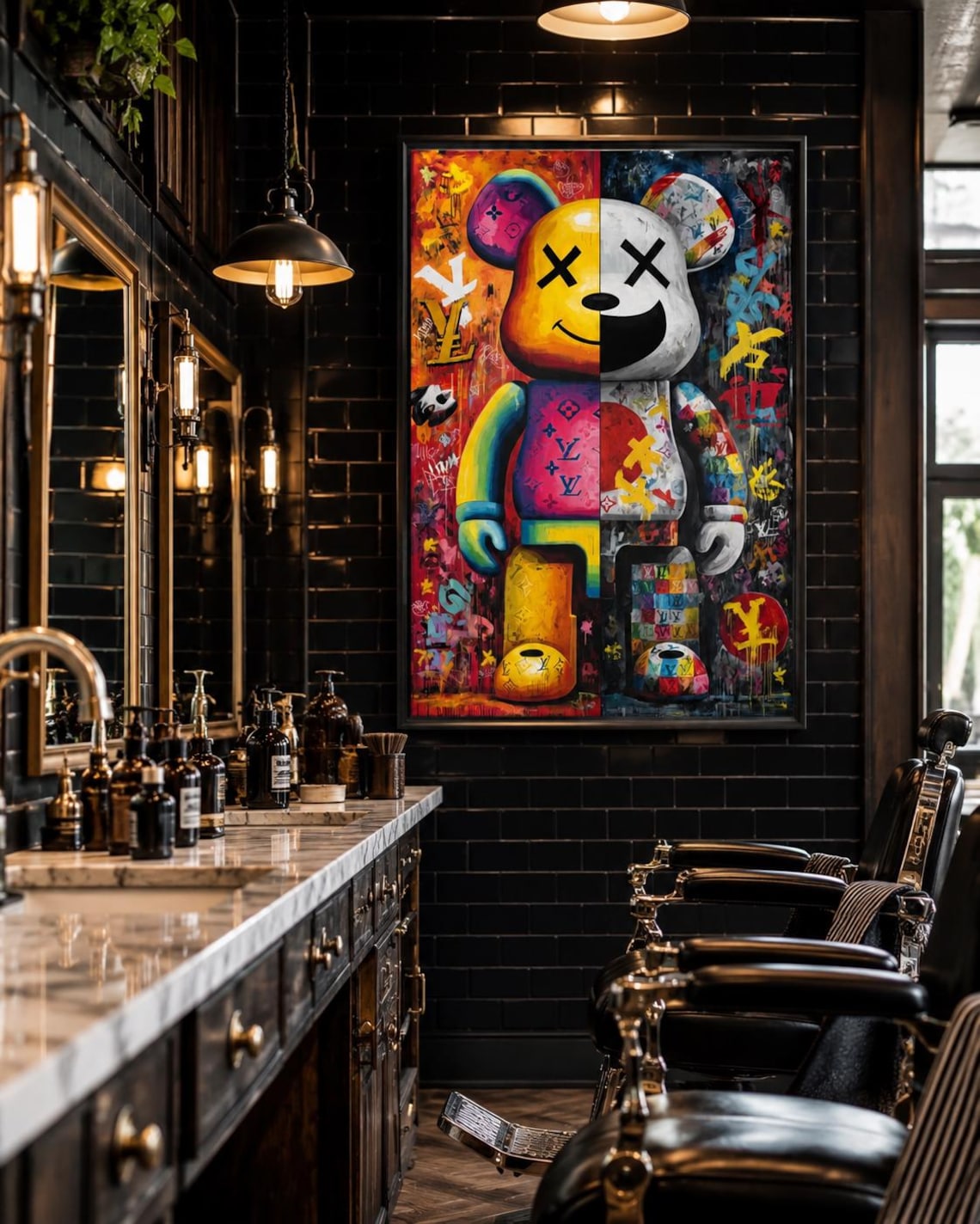 A bright pop-art style bear figure is shown amid graffiti-like colours and stickers, framed by bold black outlines and layered poster textures detail