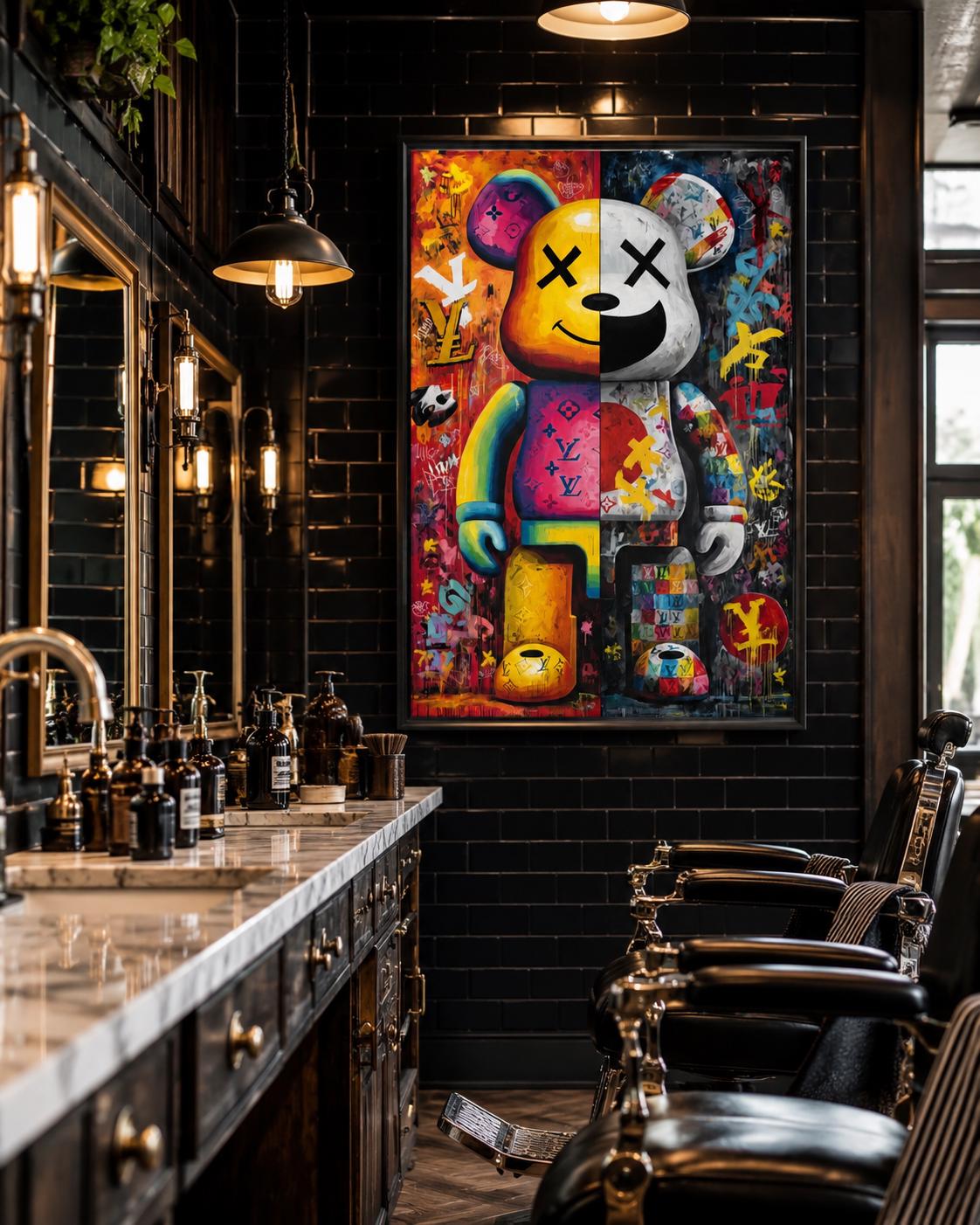 A bright pop-art style bear figure is shown amid graffiti-like colours and stickers, framed by bold black outlines and layered poster textures detail