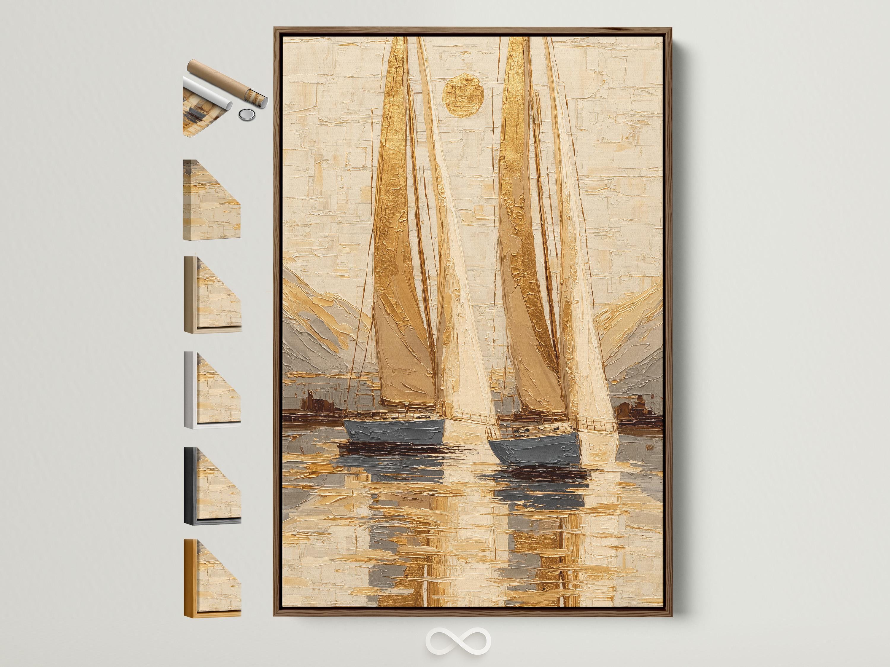 A framed nautical sailboat seascape painting on a wall above a dark sofa in a wood interior