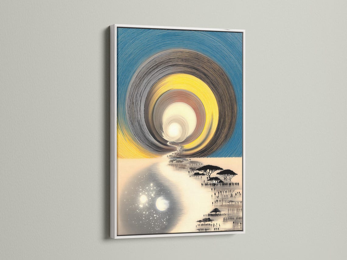 Stylised teal and yellow landscape with concentric swirl lines, reflective water and silhouetted acacia trees detail view