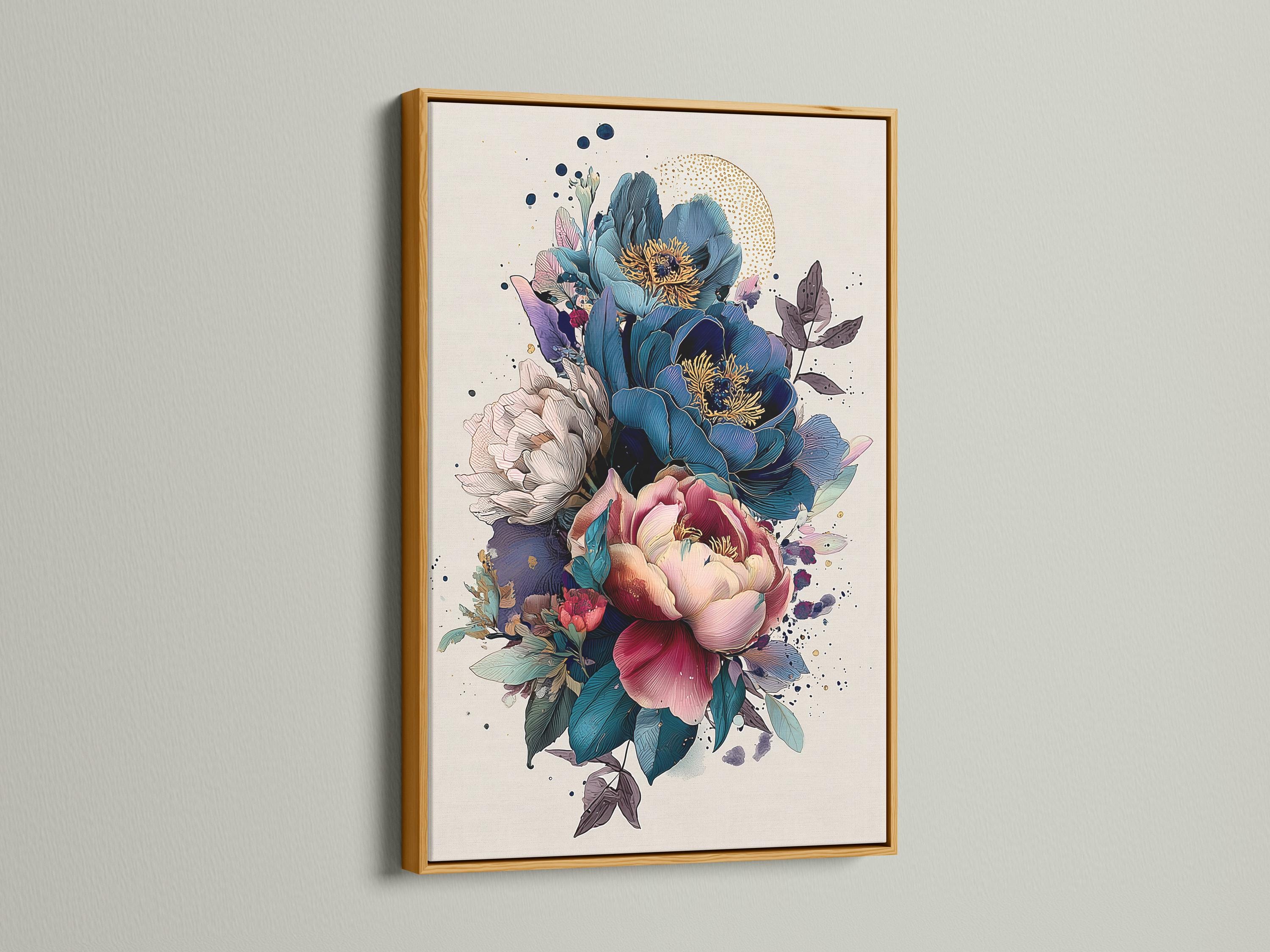 Painterly peony floral illustration with teal foliage, pink petals and subtle gold specks detail view