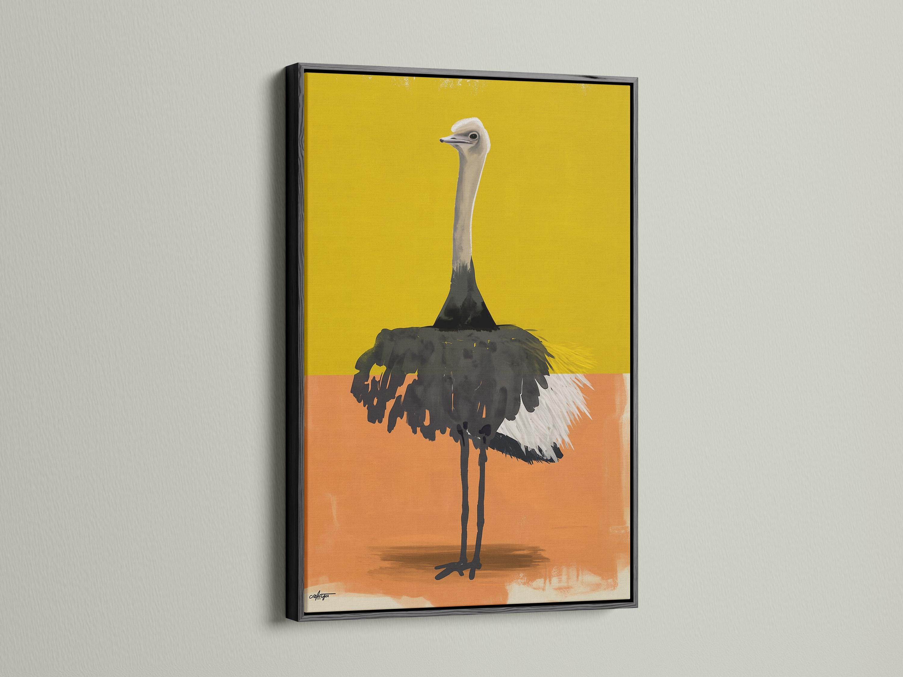Stylised ostrich portrait in yellow and orange colour blocks with textured dark feathers detail view