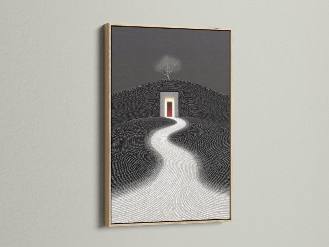 Monochrome surreal landscape with a winding path leading to a glowing geometric doorway and leafless tree detail view
