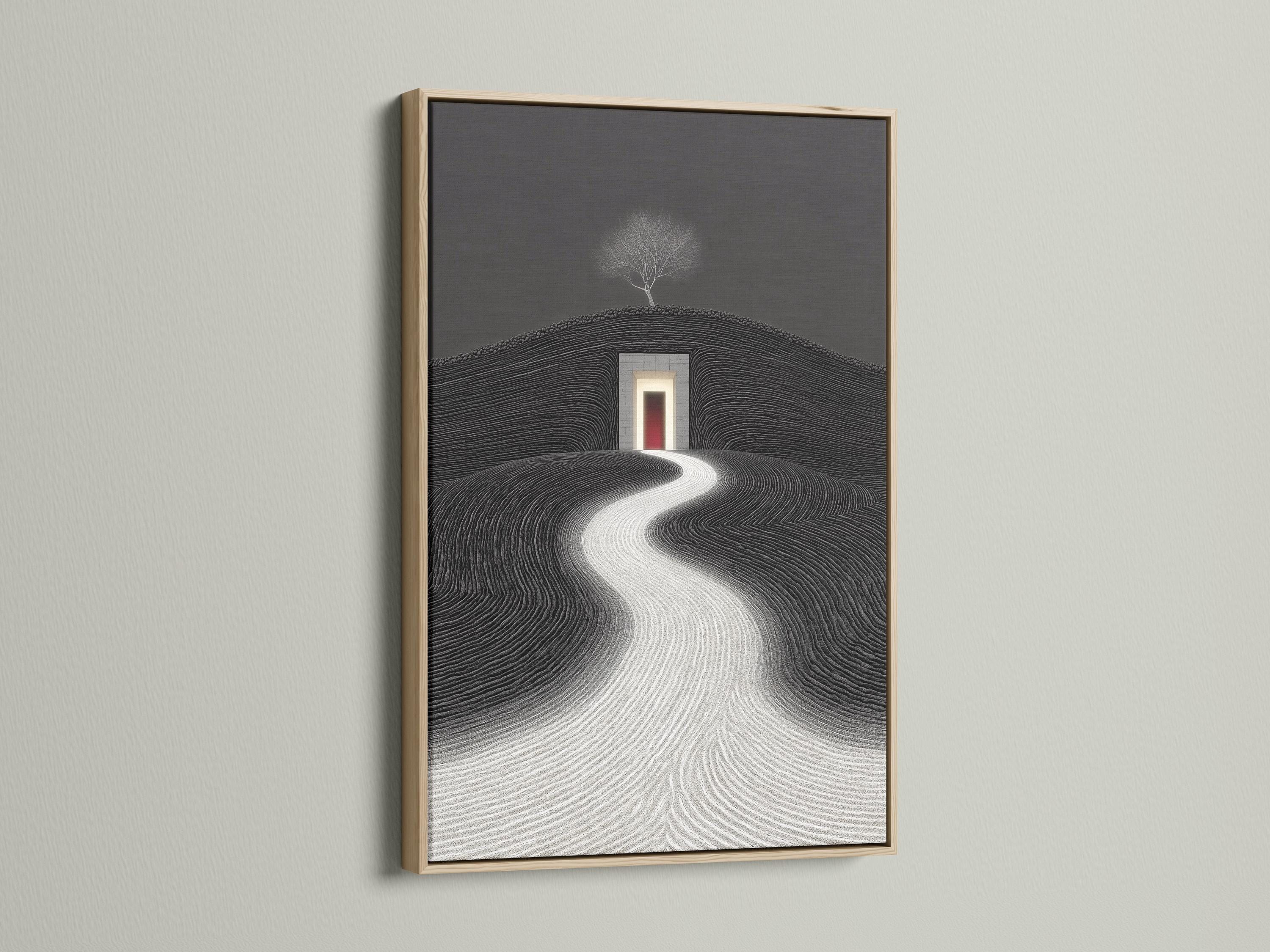 Monochrome surreal landscape with a winding path leading to a glowing geometric doorway and leafless tree detail view